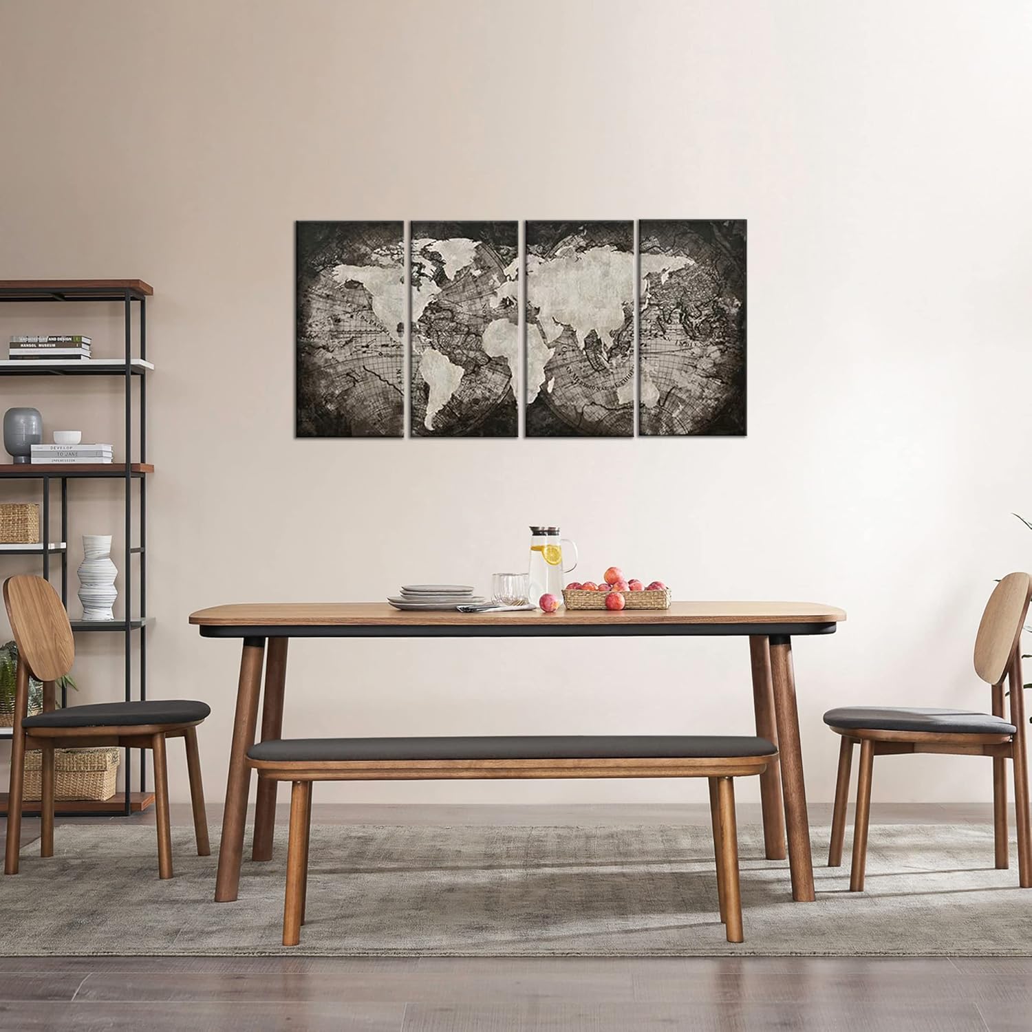 Juego de 4 paneles de mapa del mundo grande, lienzo de arte para pared, lienzo negro con mapa antiguo, decoración de pared, sala de estar (negro, 16