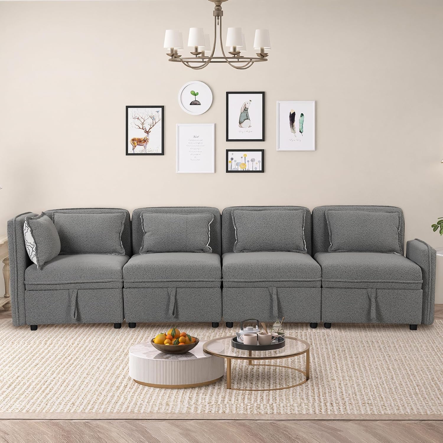 Sofá modular convertible de 122.8 pulgadas, combinación minimalista y gratuita de 4 plazas en forma de L, sofá modular de tela de felpilla con 5