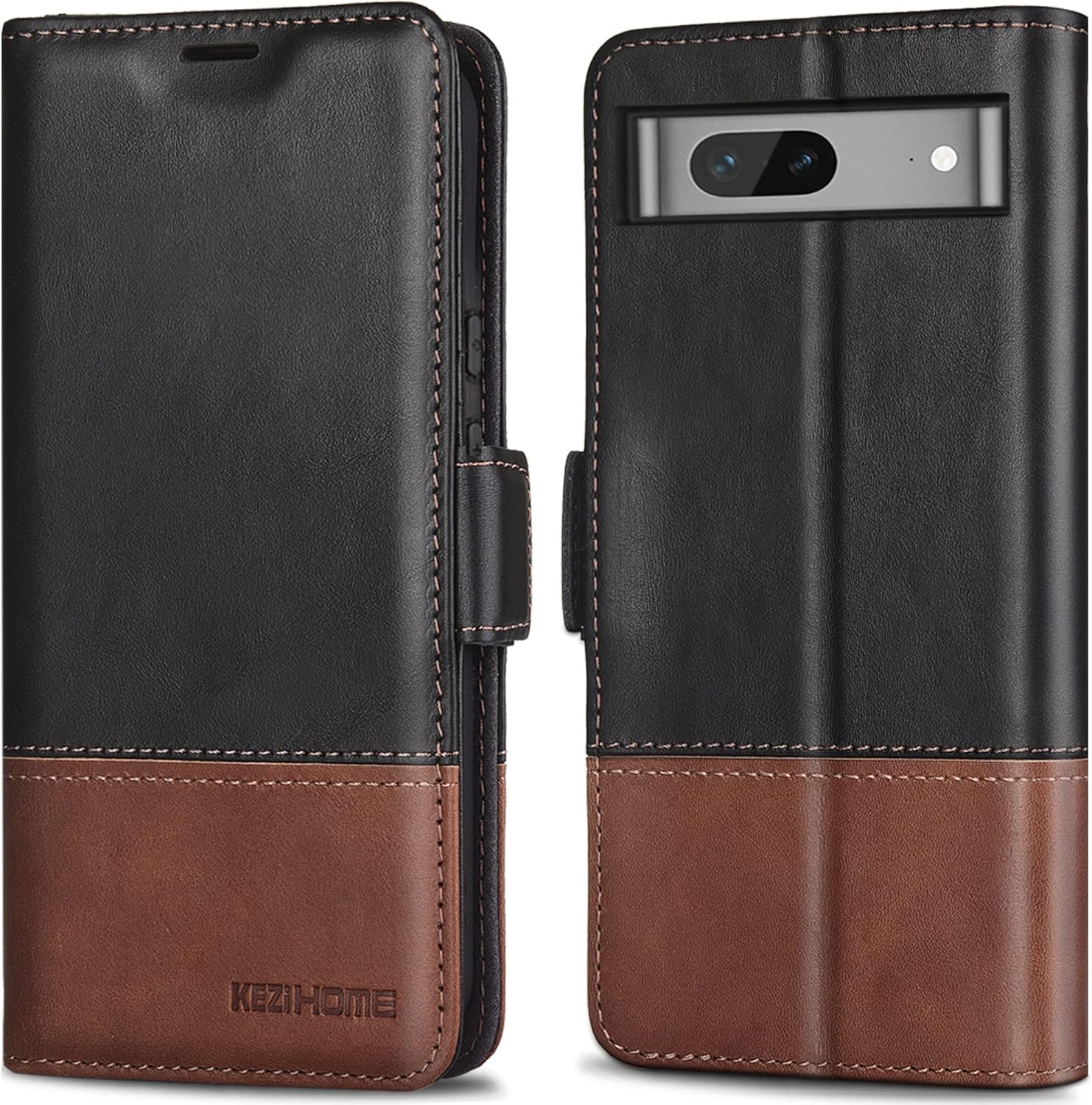 KEZiHOME Funda para Google Pixel 7, piel auténtica bloqueo RFID Funda tipo cartera con tarjetero y función atril con tapa protectora resistente para
