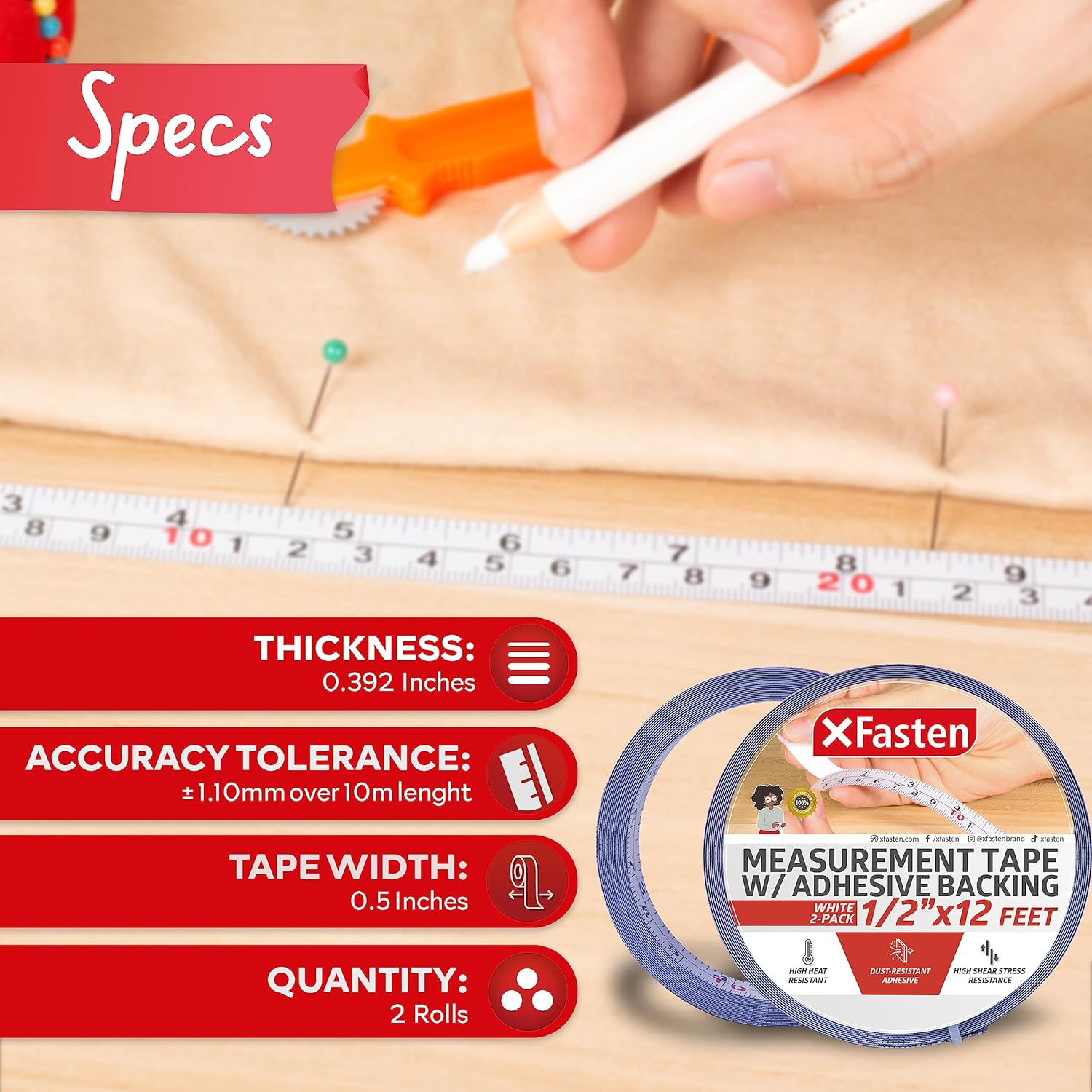 XFasten Cinta métrica con parte trasera adhesiva, 0.5 pulgadas x 12 pies (paquete de 2) Cinta métrica de izquierda a derecha para banco de trabajo,