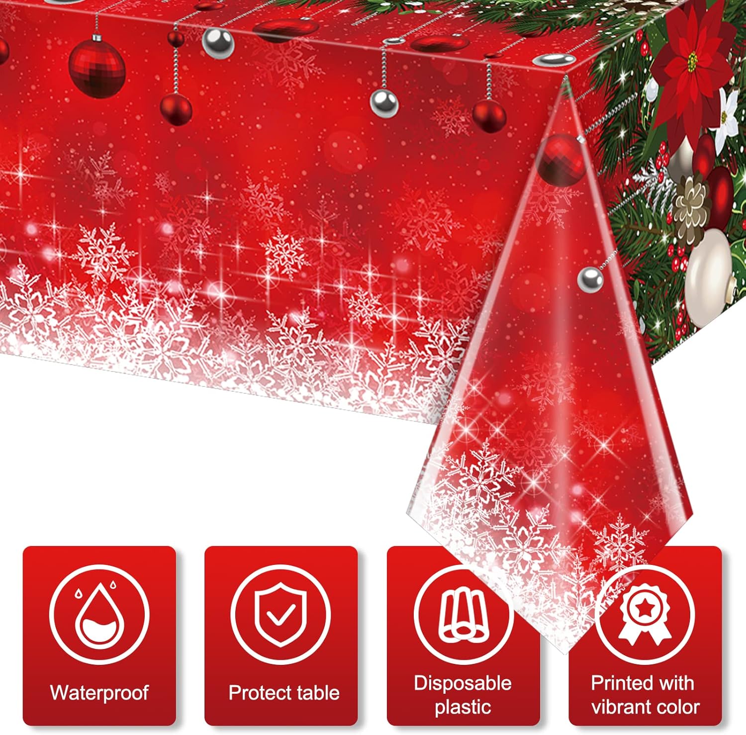1 mantel rectangular de plástico con diseño de árbol de Navidad, diseño de copos de nieve para Navidad, Año Nuevo, suministros de decoración de