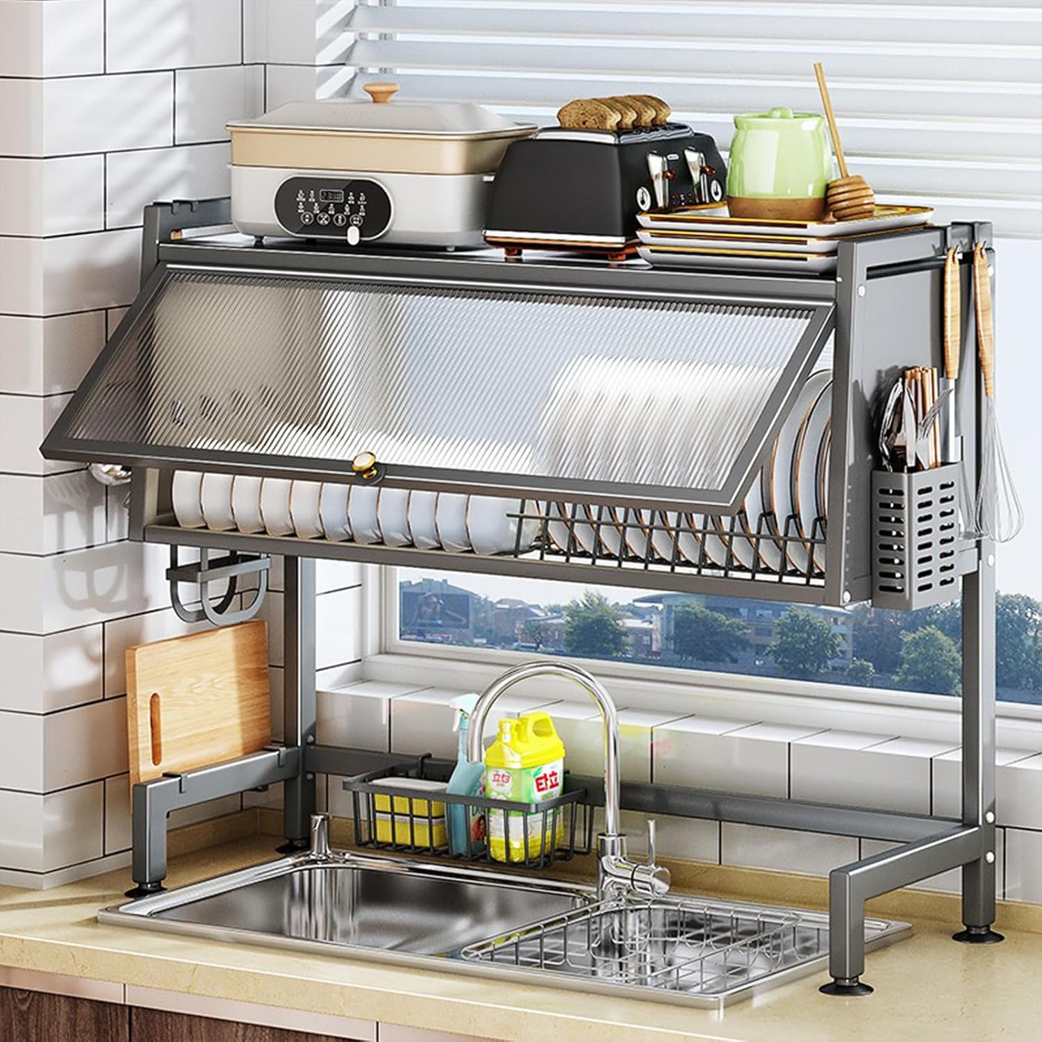 Escurridor de platos sobre el fregadero con tapa, mantiene el fregadero de cocina organizado y ahorra espacio para platos, vasos, cuencos y