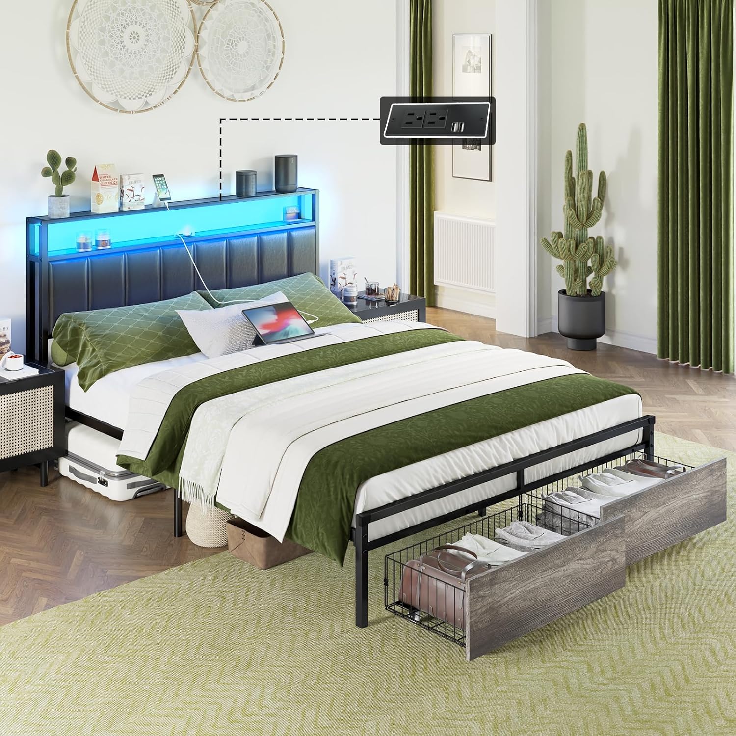 AMERLIFE Base de cama LED con cajones, base de cama de plataforma Queen con almacenamiento de 2 niveles y cabecera tapizada de cuero y estación de