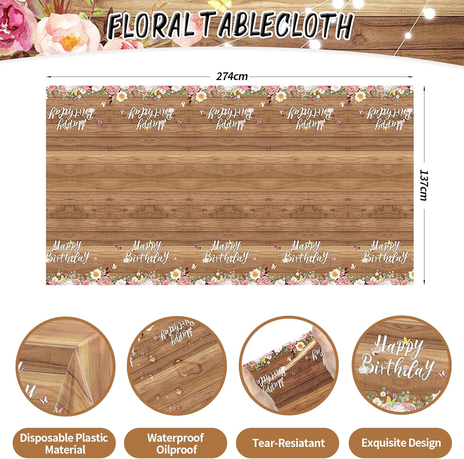 Decoraciones florales de feliz cumpleaños para mujer, 105 piezas de suministros de fiesta de cumpleaños de flores de madera, incluyendo telón de
