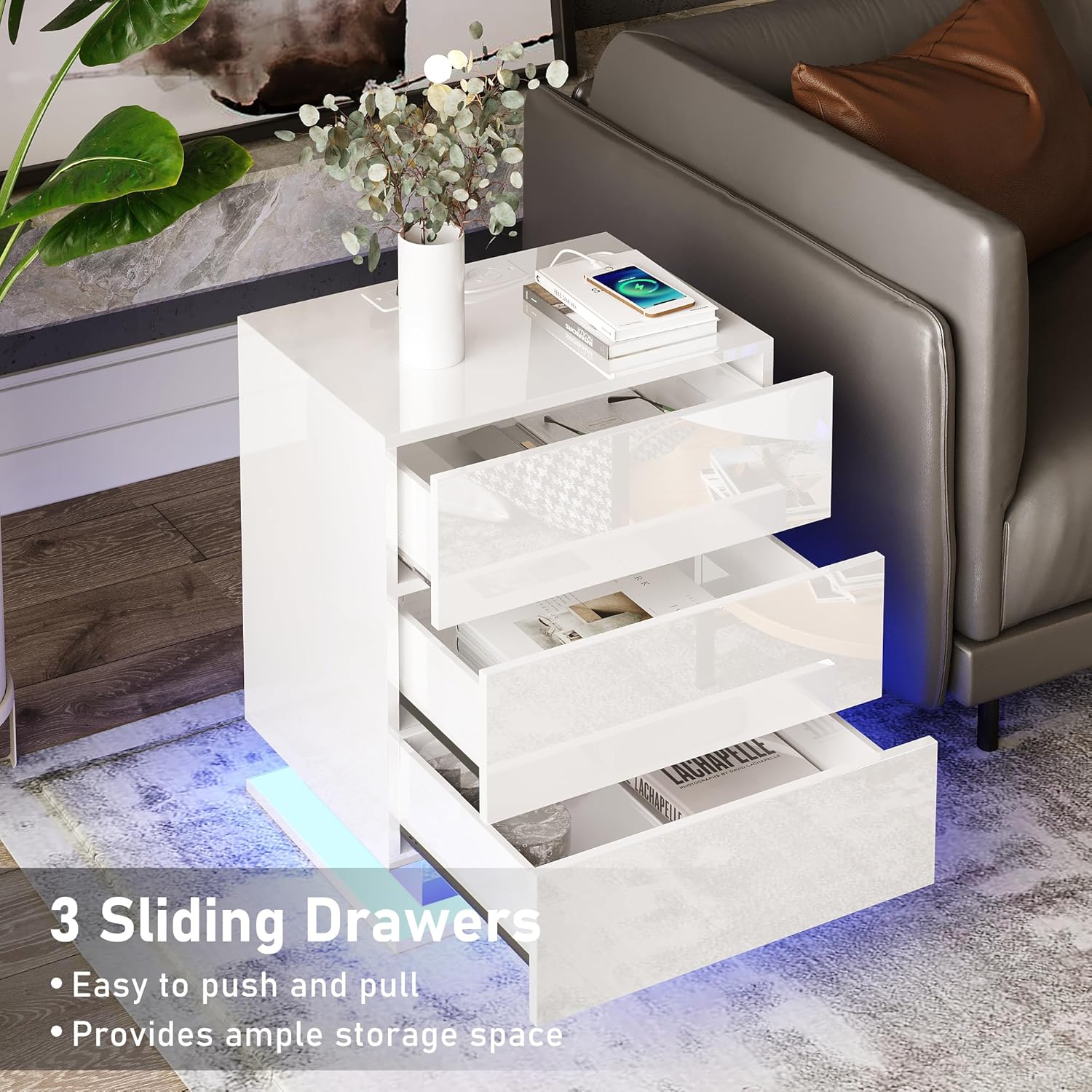 Juego de 2 mesitas de noche para dormitorio con luces LED y estación de carga inalámbrica, mesa auxiliar de 3 cajones para sala de estar con puertos