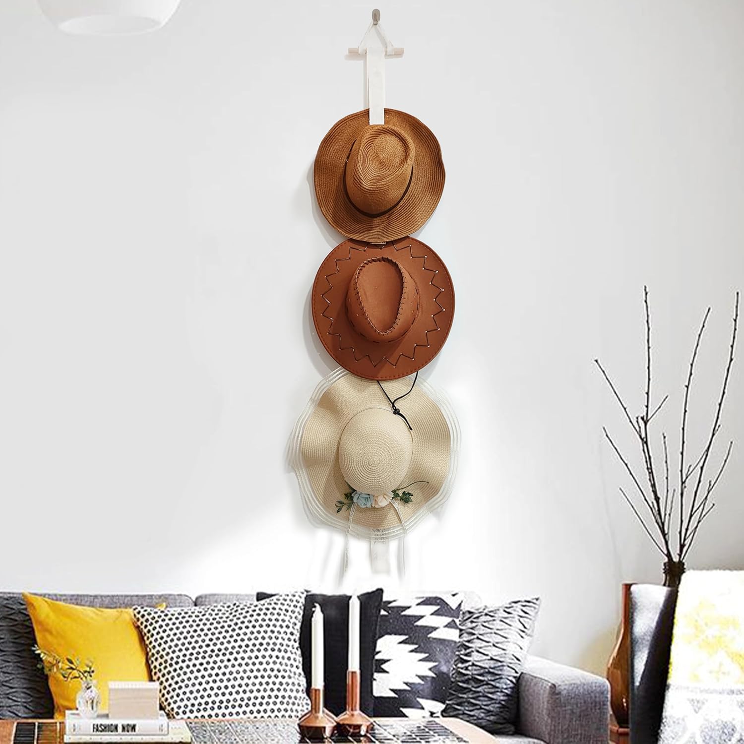 Perchas para sombreros de pared con diseño magnético para colgar en la pared, organizador de gorras para sombreros de ala ancha y varios sombreros