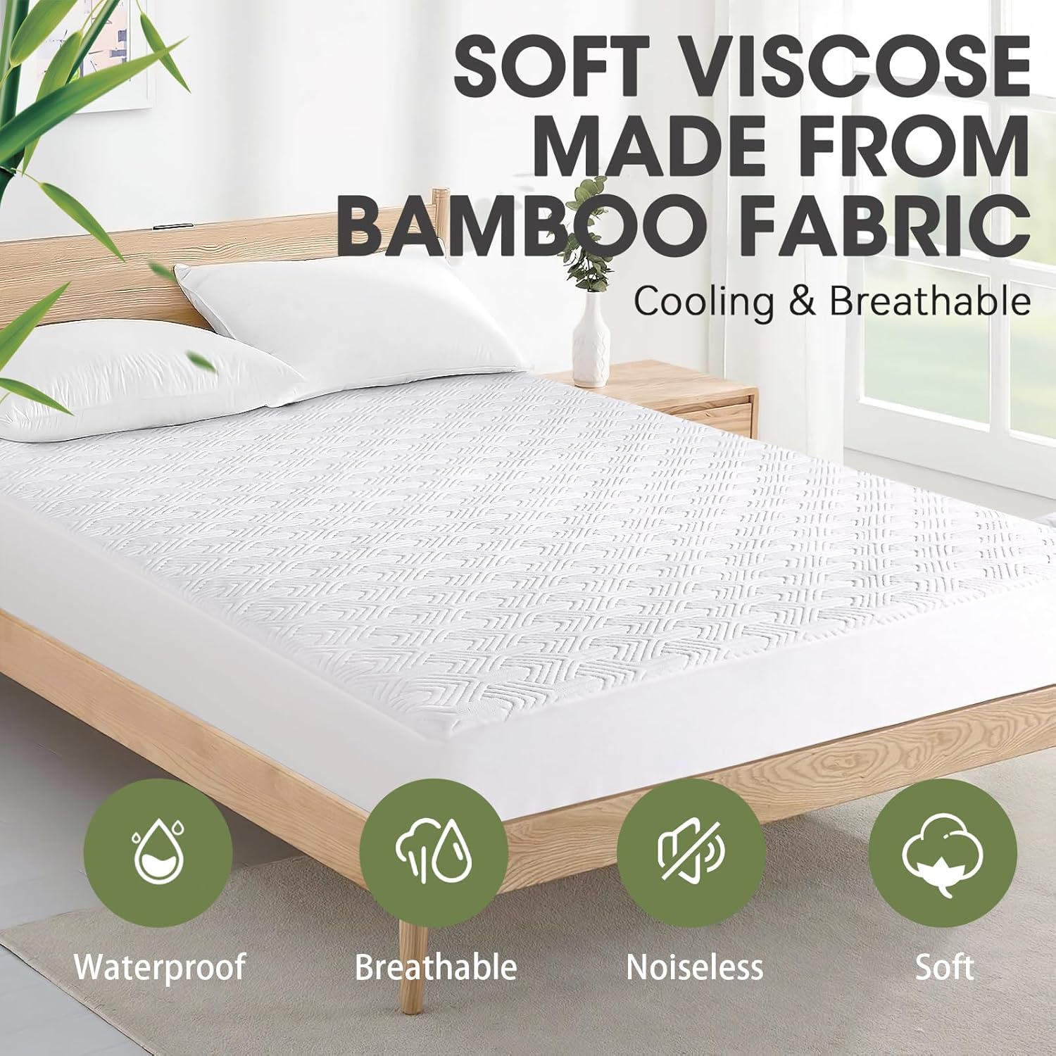 HYLEORY Protector de colchón impermeable de tamaño matrimonial de viscosa hecha de bambú, transpirable, suave, tela de aire 3D, silenciosa, lavable,