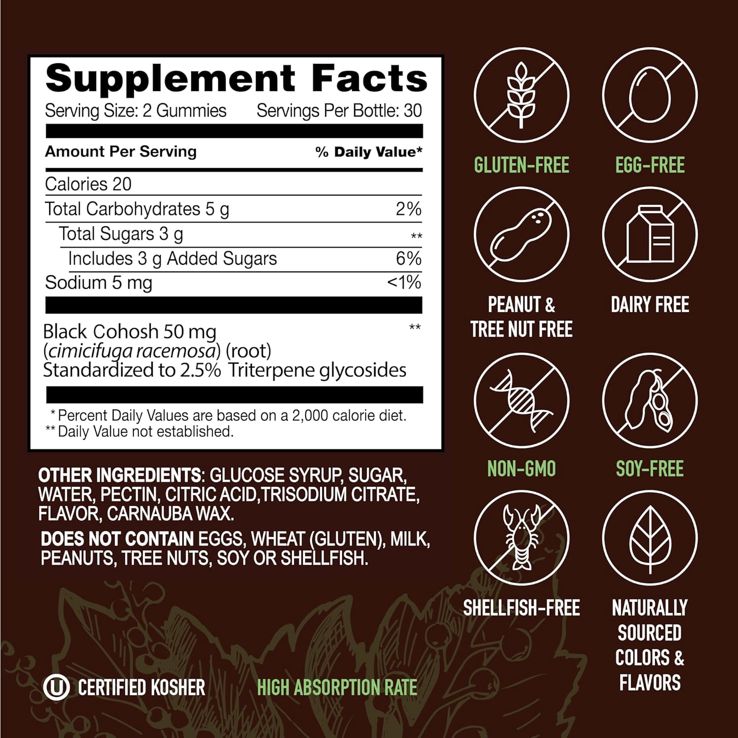 Strong Earth – Raíz de cohosh negro de 50 mg  Gomitas de cohosh negro (60 unidades) suplementos de extracto natural para la menopausia para mujeres,