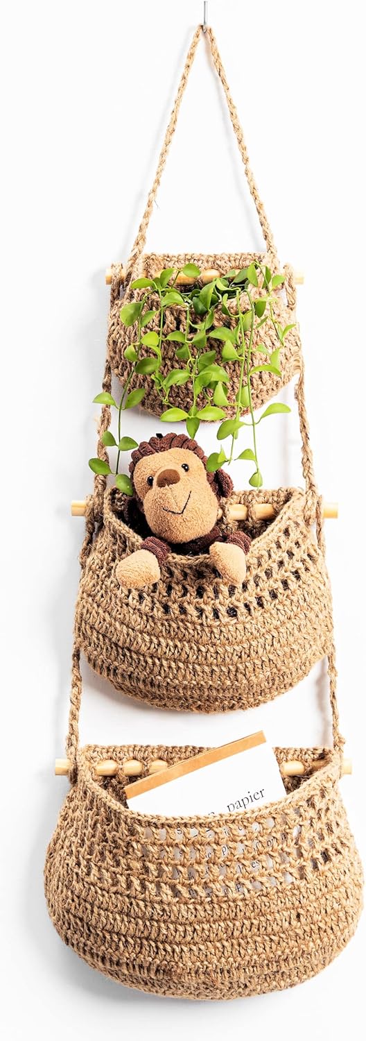 Cesta colgante de frutas, cesta colgante de pared de yute tejida de 3 niveles para organizar, cesta colgante de productos para almacenamiento de