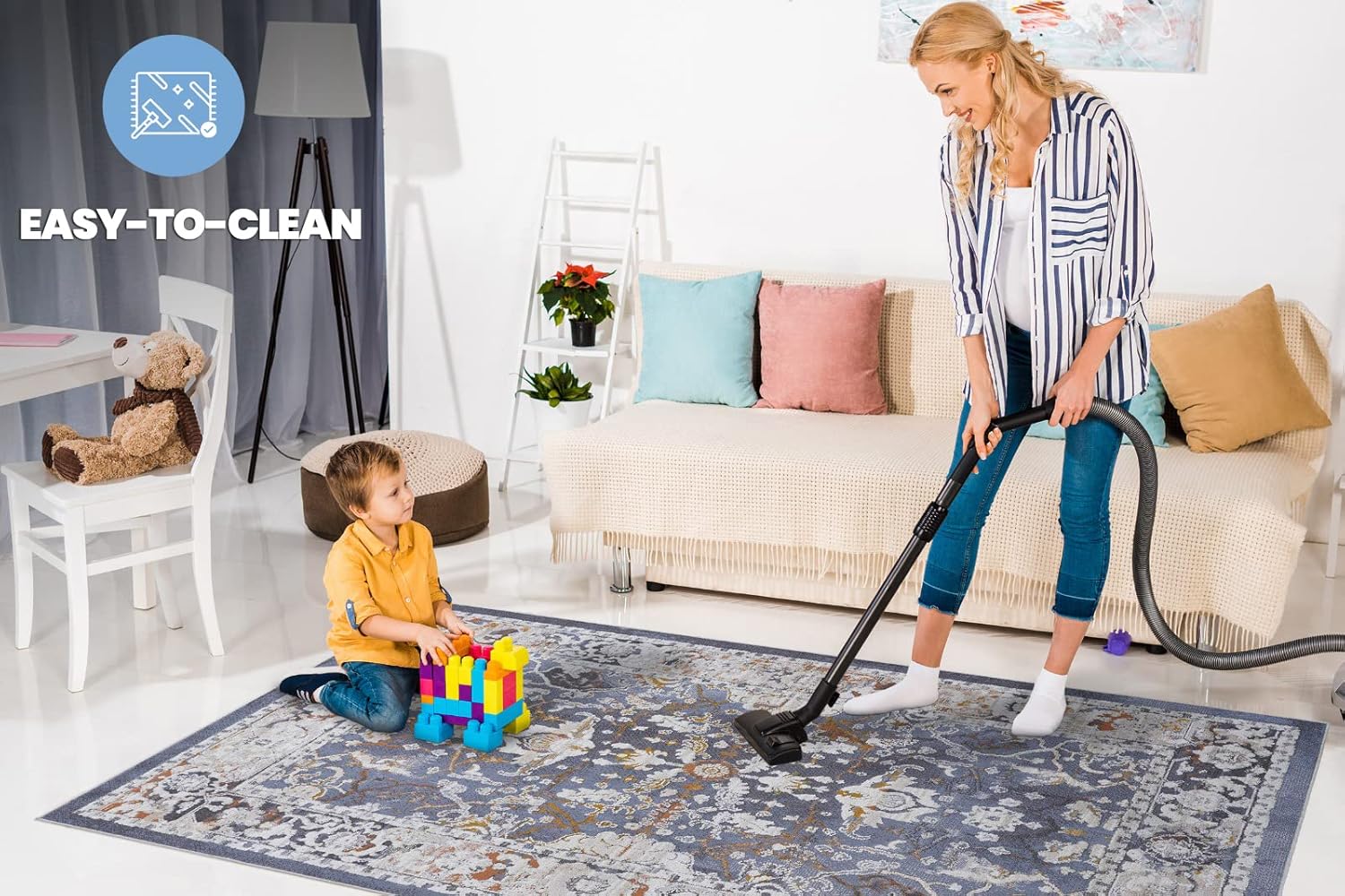 NAAR Colección PAYAS – Alfombra elegante y resistente a las manchas de 8 x 10 pies, color azul tradicional que no desprende pelusa, para sala de