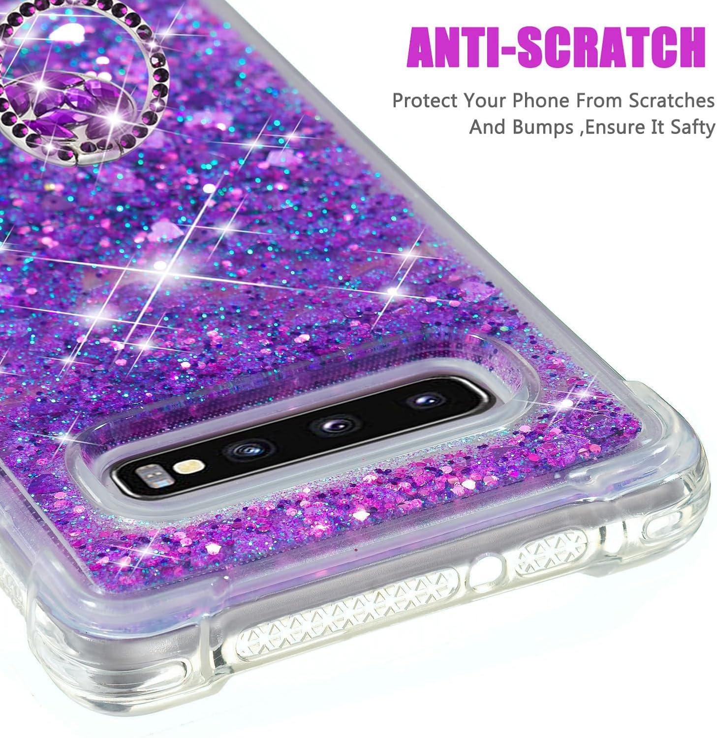 Asuwish Funda de teléfono para Samsung Galaxy S10 con protector de pantalla y soporte para anillo con purpurina líquida transparente, funda