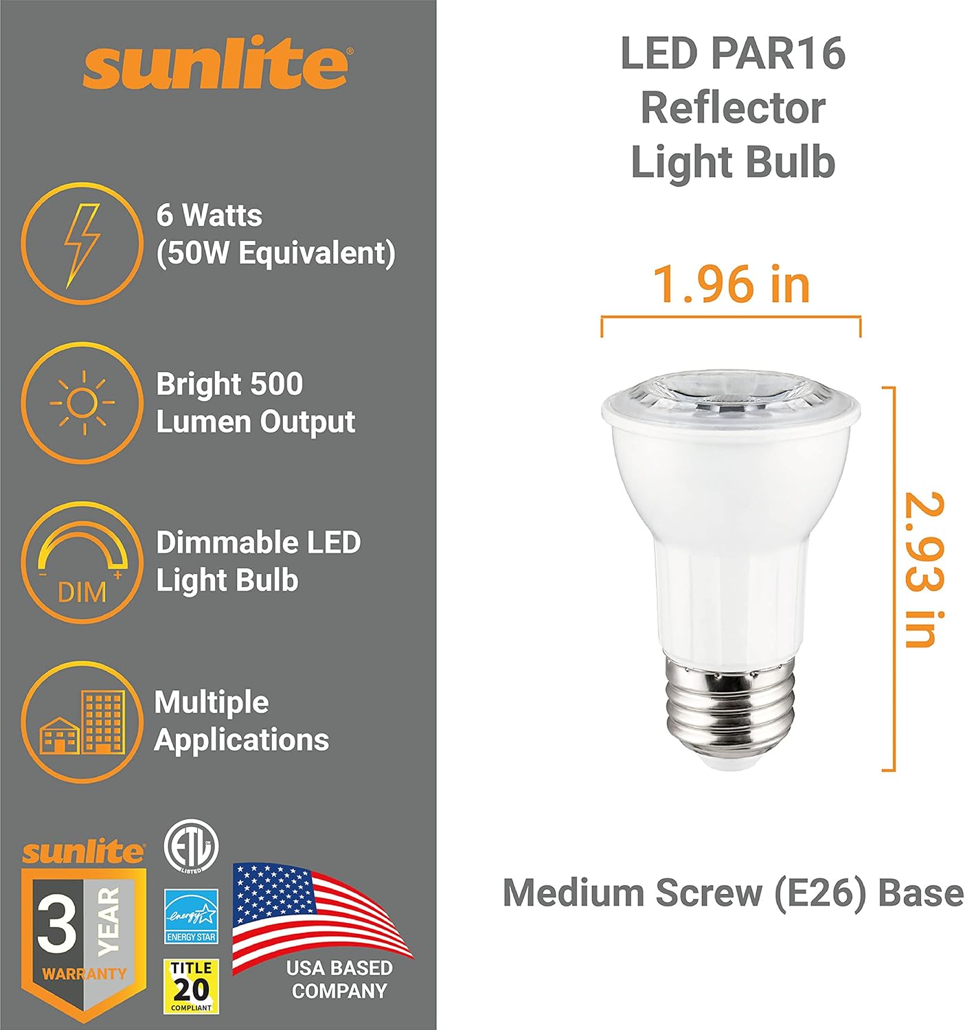 Sunlite 41801 Bombilla LED PAR16 reflectora, 6 vatios (50 W  ), 500 lúmenes, base E26 media, regulable, reflector, 90 CRI, Energy Star, listado ETL,