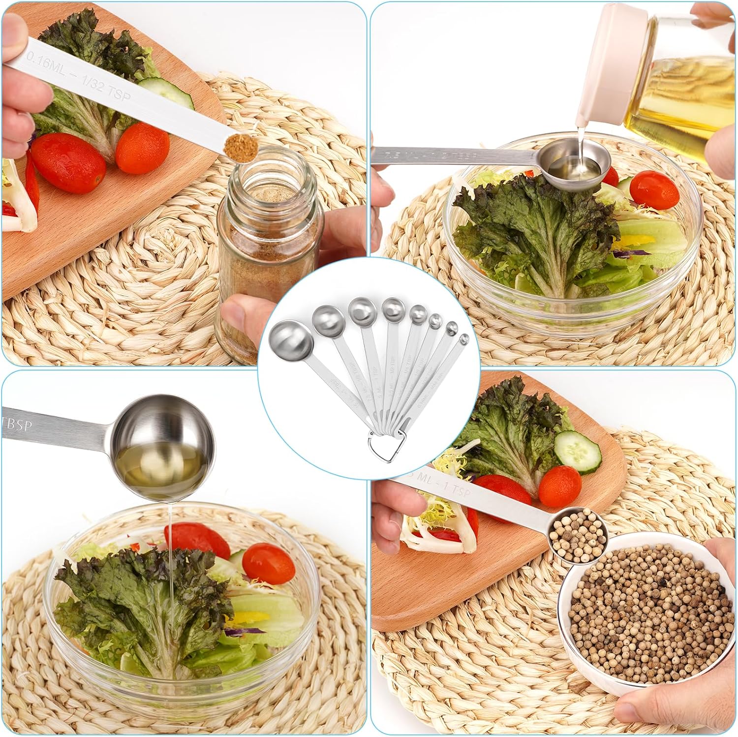Juego de 9 cucharas medidoras de acero inoxidable, cucharadas pequeñas, cucharaditas, juego de 8 con nivelador adicional para líquidos y secos, cabe