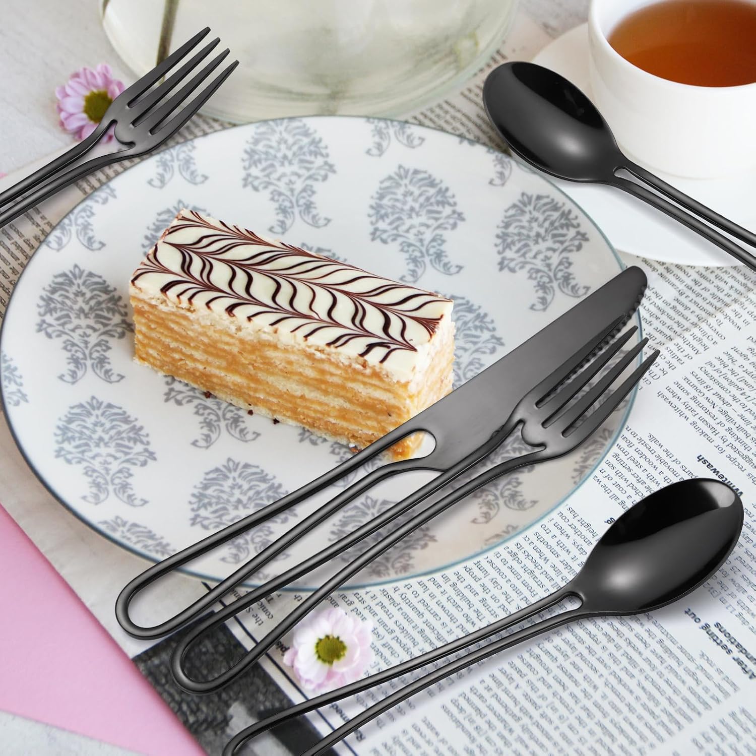 Black Silverware Hollow Out Handle Flatware Set for 4 Stainless Steel Cutlery 20 Piece Fork Knife and Spoon Unique Festival Parties Kitchen Daily Use