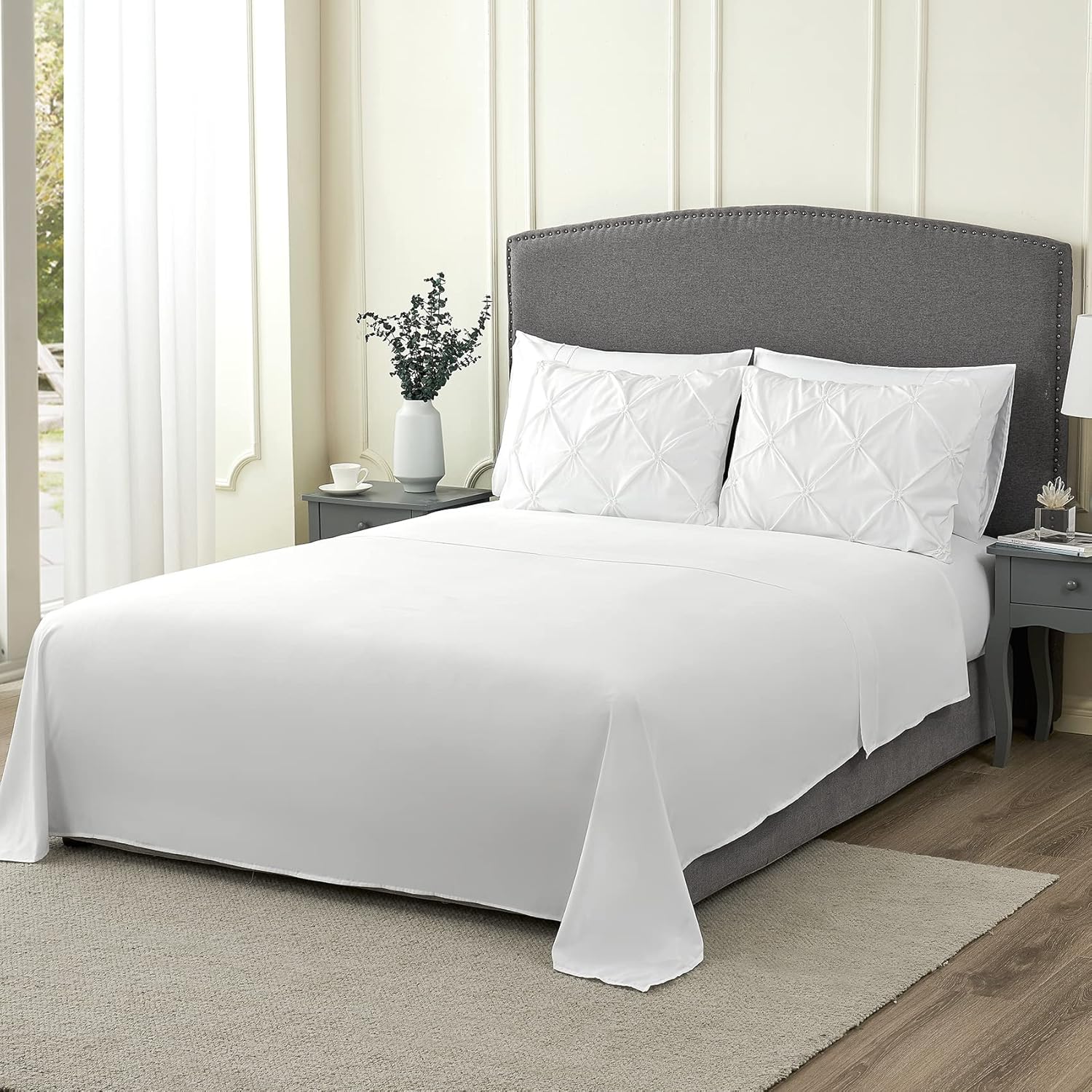 Hansleep Pintuck – Juego de edredón blanco de 7 piezas para cama en una bolsa, tamaño King con pliegues, sábanas, fundas de almohada y fundas de
