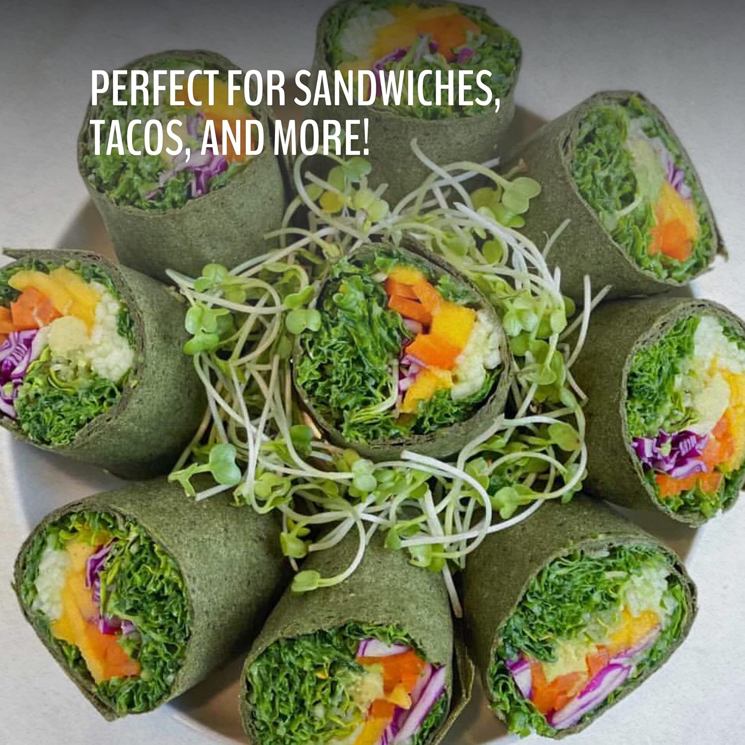 Wraw P Organic Mini Veggie Wraps – SPIRULINA (paquete de 4) ESTABLES EN ESTANTE, todo natural, sin gluten, paleo, vegano crudo. Perfecto para