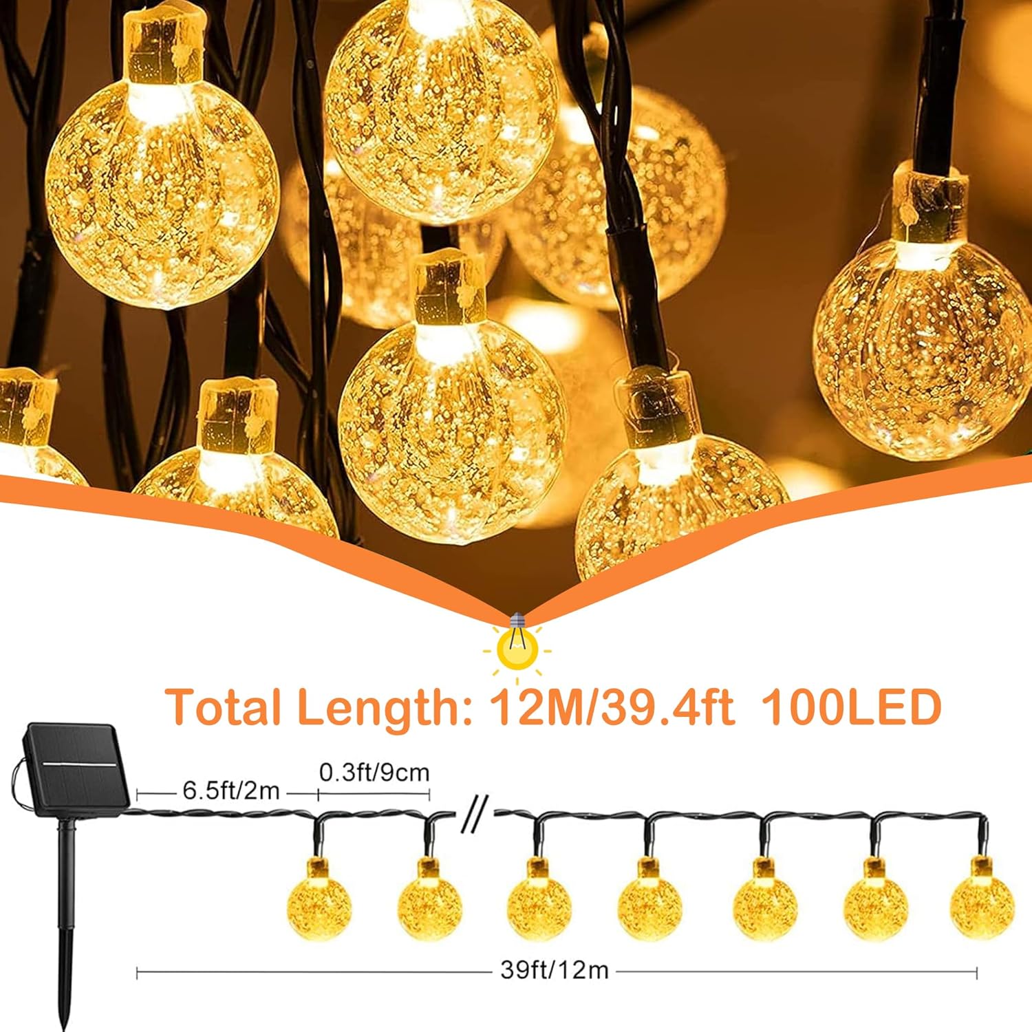 Tira de luces solares para exteriores, 100 luces LED de globo de cristal, 8 modos, impermeables, funciona con energía solar para exteriores, luces