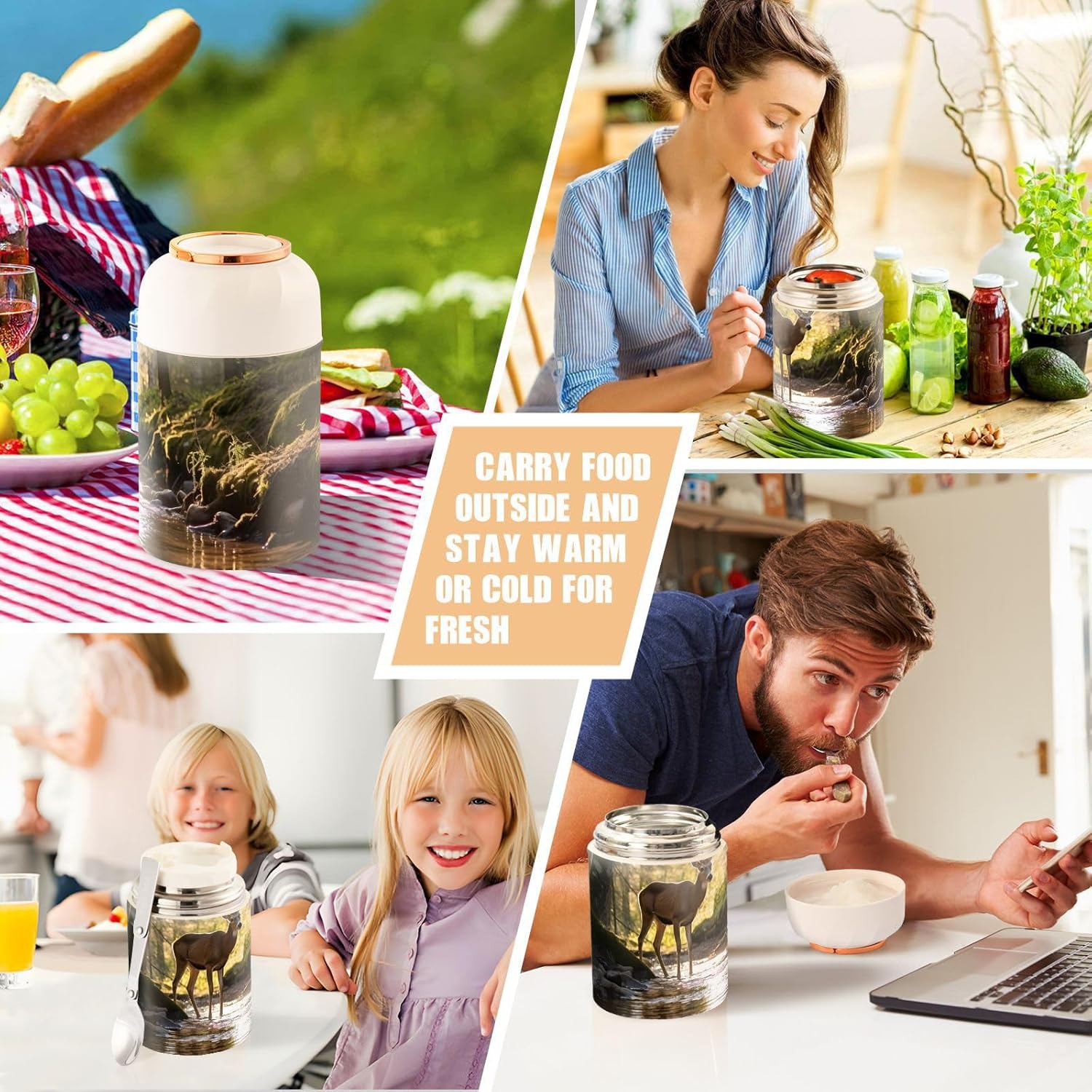 Forest Jungle Green Deer – Tarro de comida aislado para niños y mujeres, con cuchara, de acero inoxidable, termo de 17 onzas líquidas, contenedor de