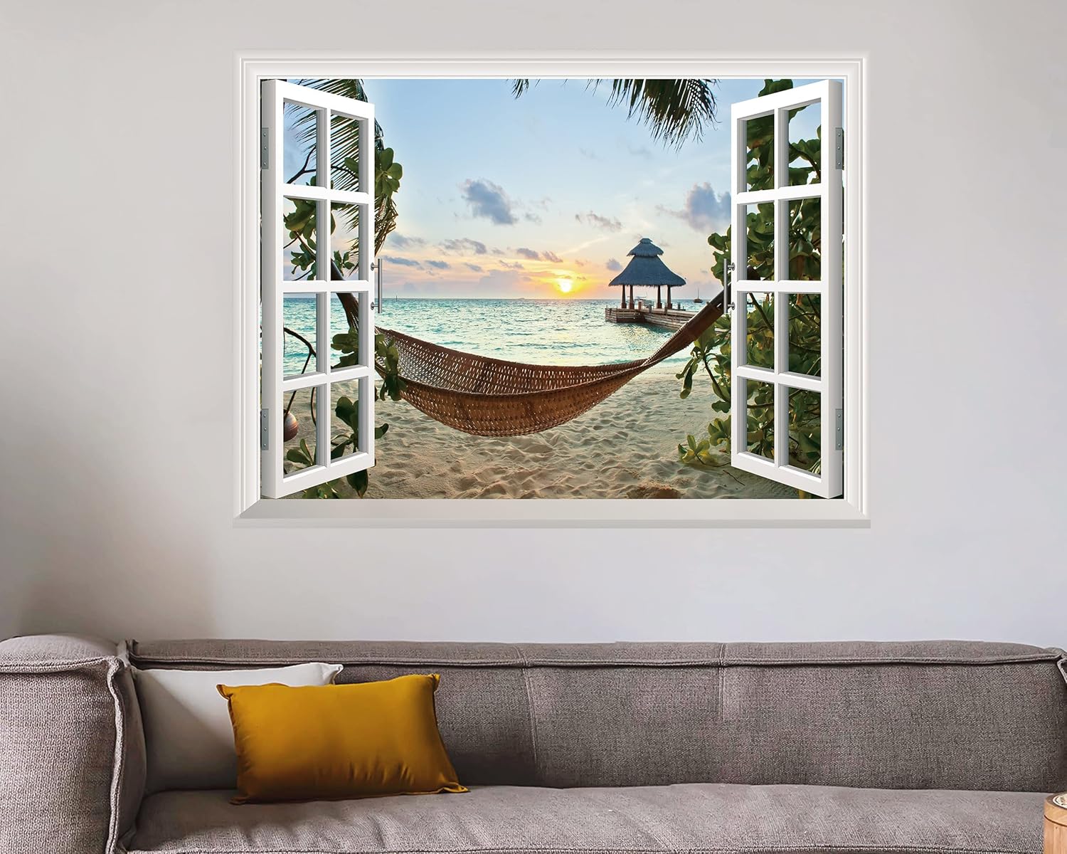 FLFK Adhesivo de pared falso para ventana, mural de pared para ventana de playa y puesta de sol para decoración de pared, calcomanías de pared para