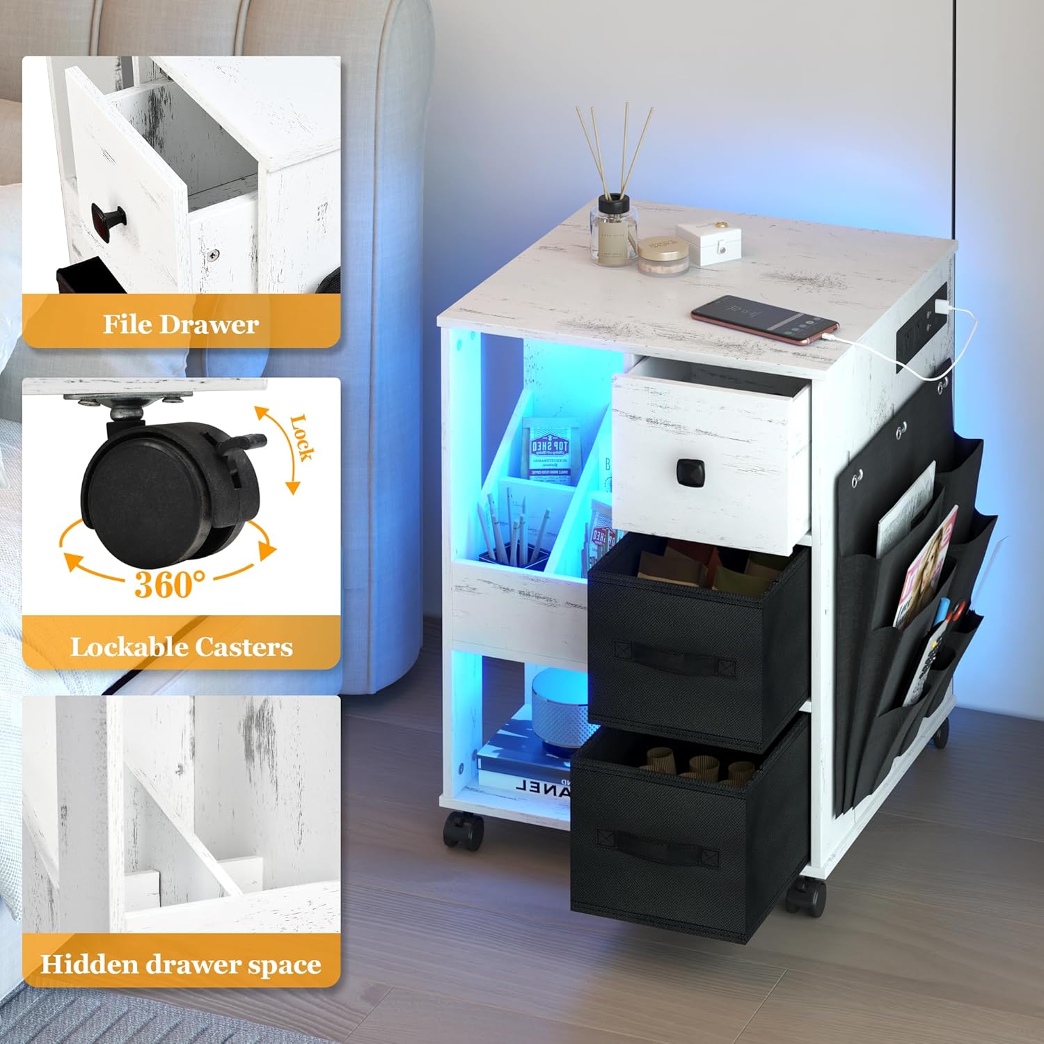 dnbss Mesita de noche con estación de carga, mesa auxiliar LED con cajones, mesita de noche inteligente con puertos USB, moderna mesita de noche con
