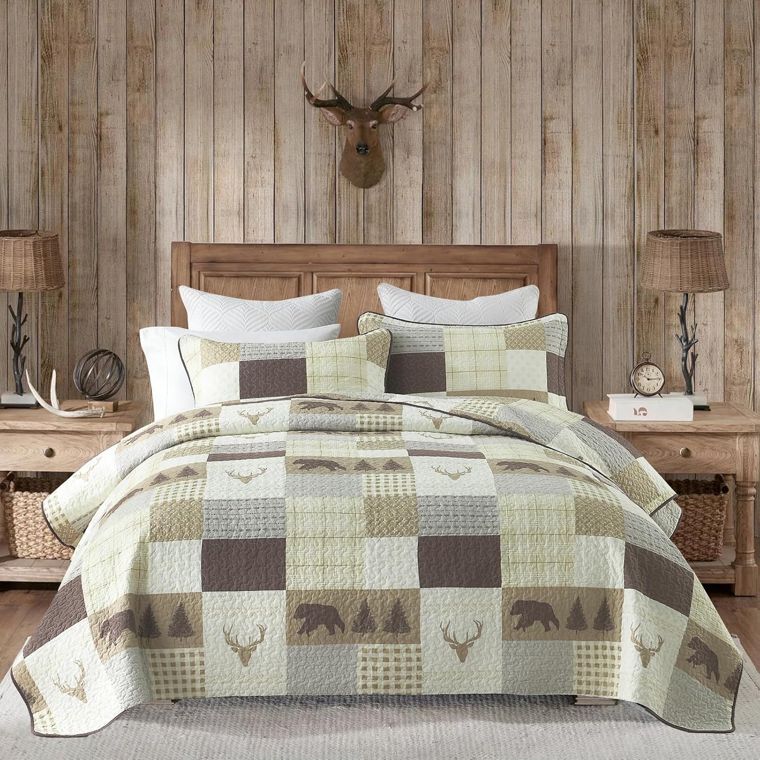 PERHOM Juego de edredón tamaño King  Juego de ropa de cama reversible de 100% algodón, diseño de mosaico marrón, bosque, oso, ciervo, retazos, con 2