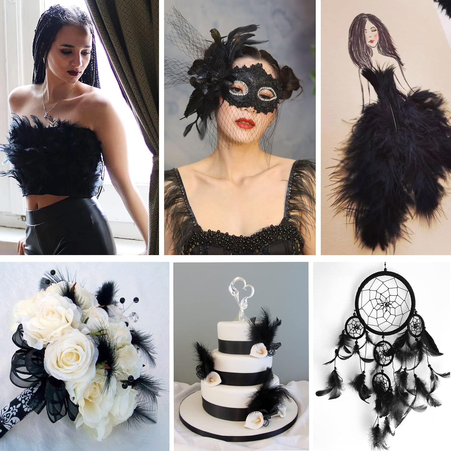 Soarer Plumas negras artesanales a granel, 300 plumas naturales de 3 a 5 pulgadas para boda, suministros de atrapasueños, manualidades de bricolaje