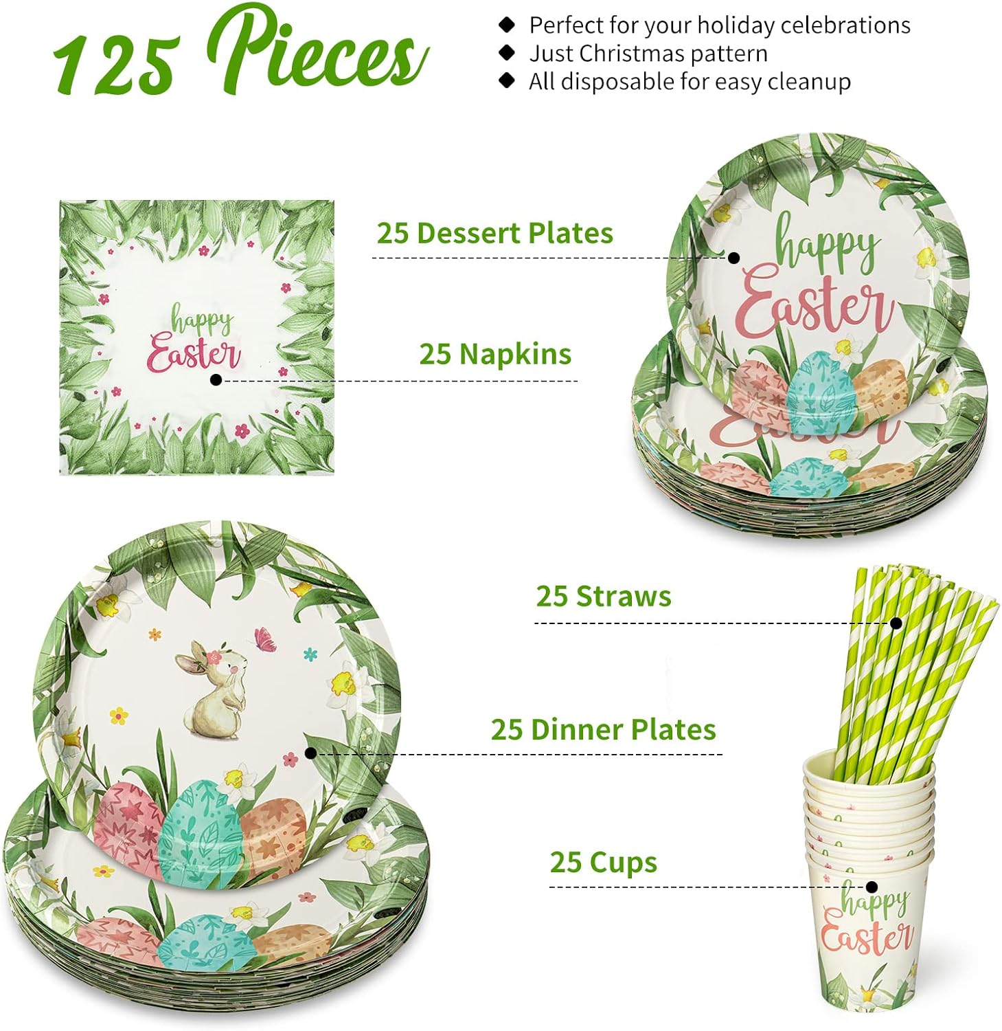 Juego de vajilla desechable de Pascua de 125 piezas, platos de papel para decoración de Pascua, suministros para fiesta de Pascua, incluye platos,