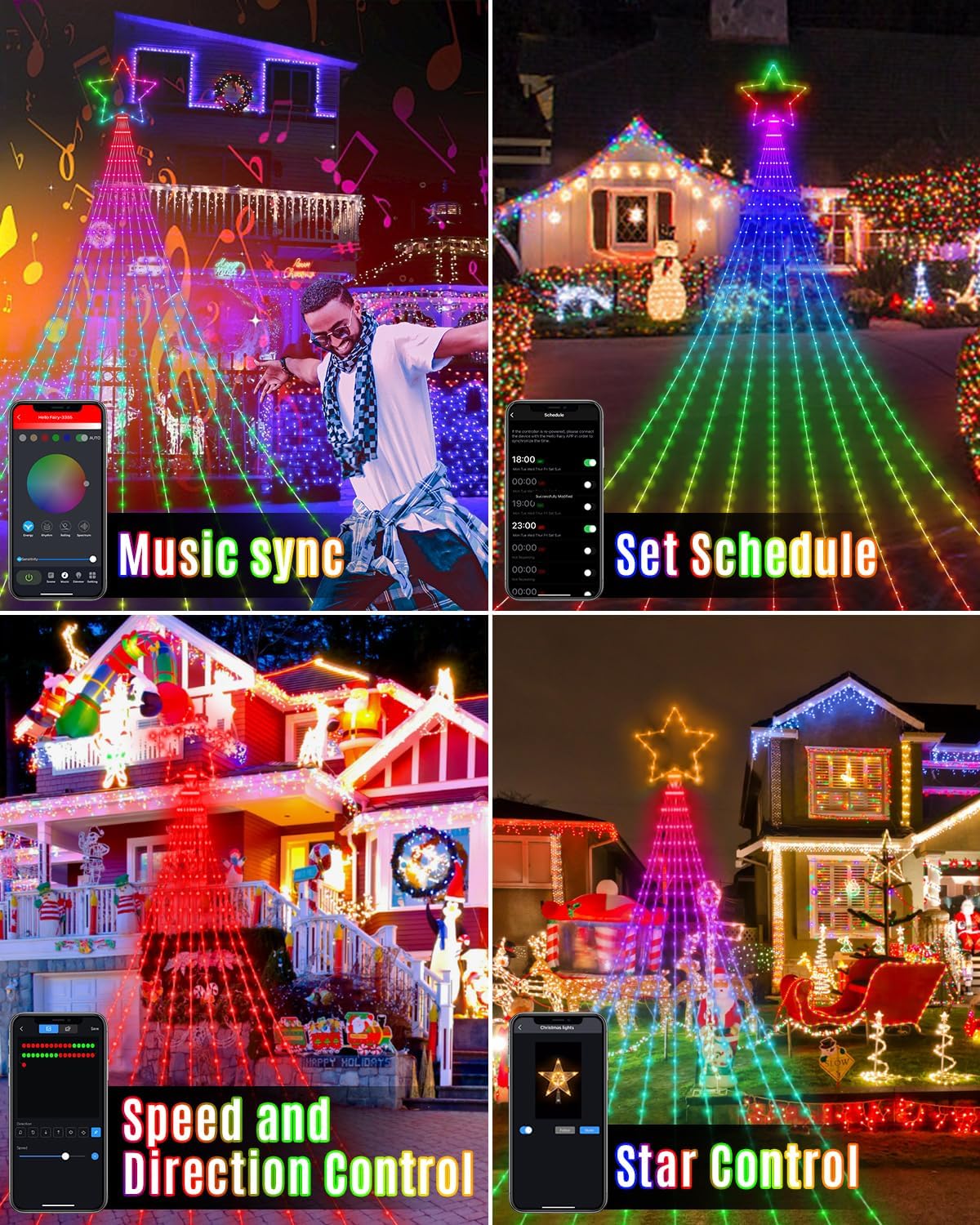 Guirnalda de luces de estrellas para decoración de Navidad al aire libre de 21 pies, luces LED RGB inteligentes para árbol, cascada, escenas