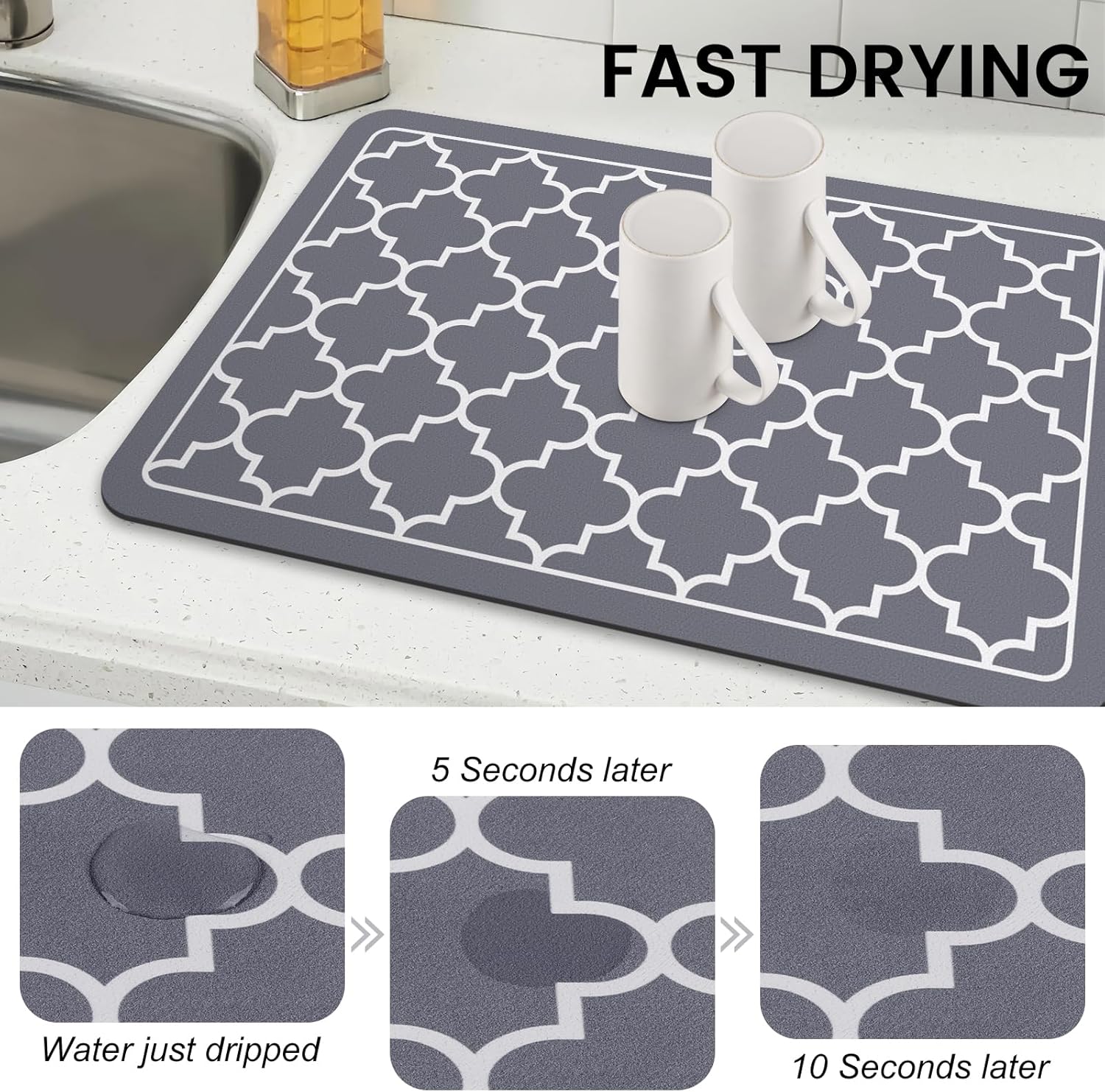 WISELIFE Tapete de secado de platos súper absorbente, tapete de secado de platos grande para encimera de cocina, tapete de secado de platos fácil de