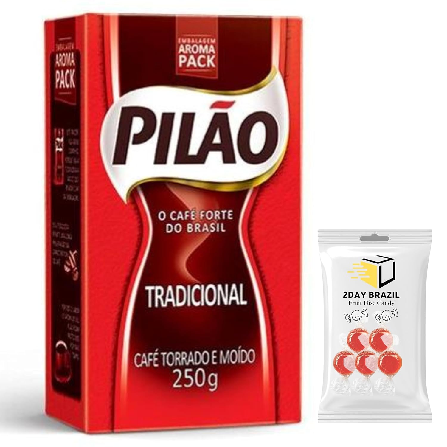 Pilao – Café tradicional brasileño tostado y molido Moído & Torrado 8.8 onzas (8.82 oz) paquete con caramelos de disco de frutas 2DAY BRAZIL