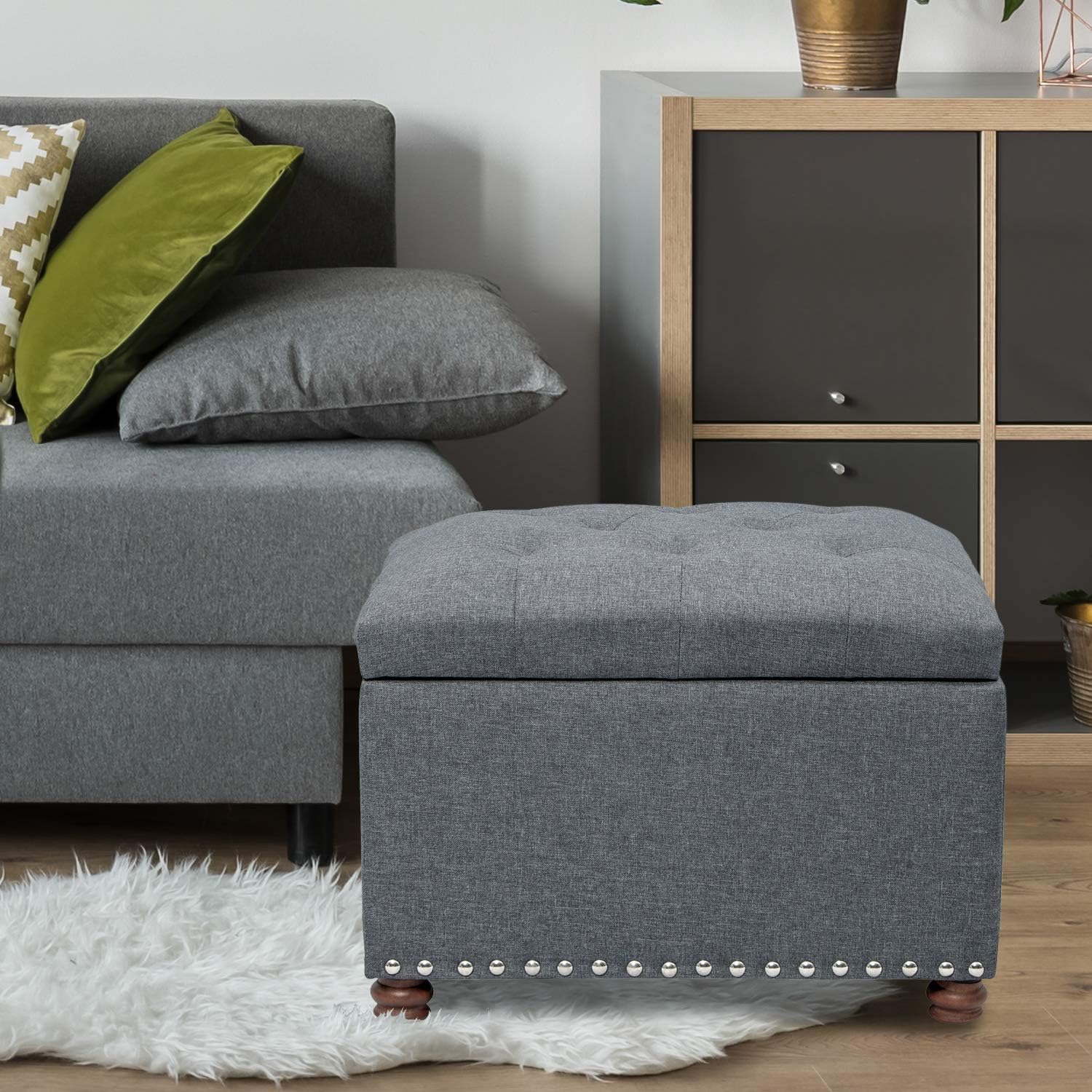 Joveco Banco otomano de almacenamiento rectangular de tela, reposapiés, 24 pulgadas, moderno, copetudo, para dormitorio, asiento para entrada,