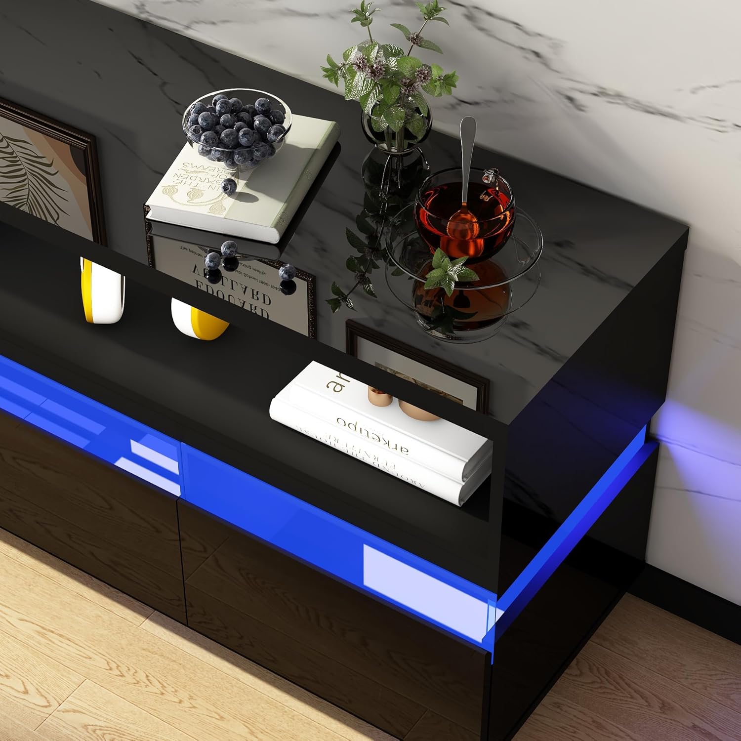 jiteentarou Soporte de TV LED de 66 pulgadas para TV de 606570 pulgadas, soporte de TV negro moderno de alto brillo con gran almacenamiento, centro