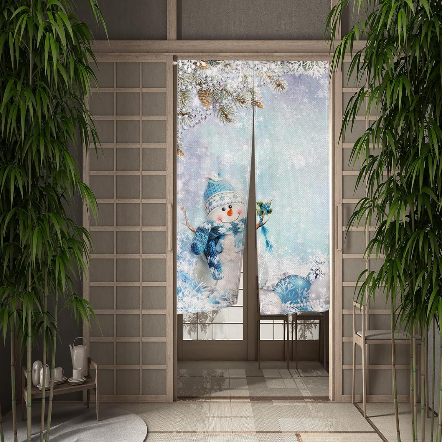 Cortina japonesa Noren de muñeco de nieve de invierno para puerta, tapiz de cortina japonesa azul y blanco copo de nieve de invierno, árbol de