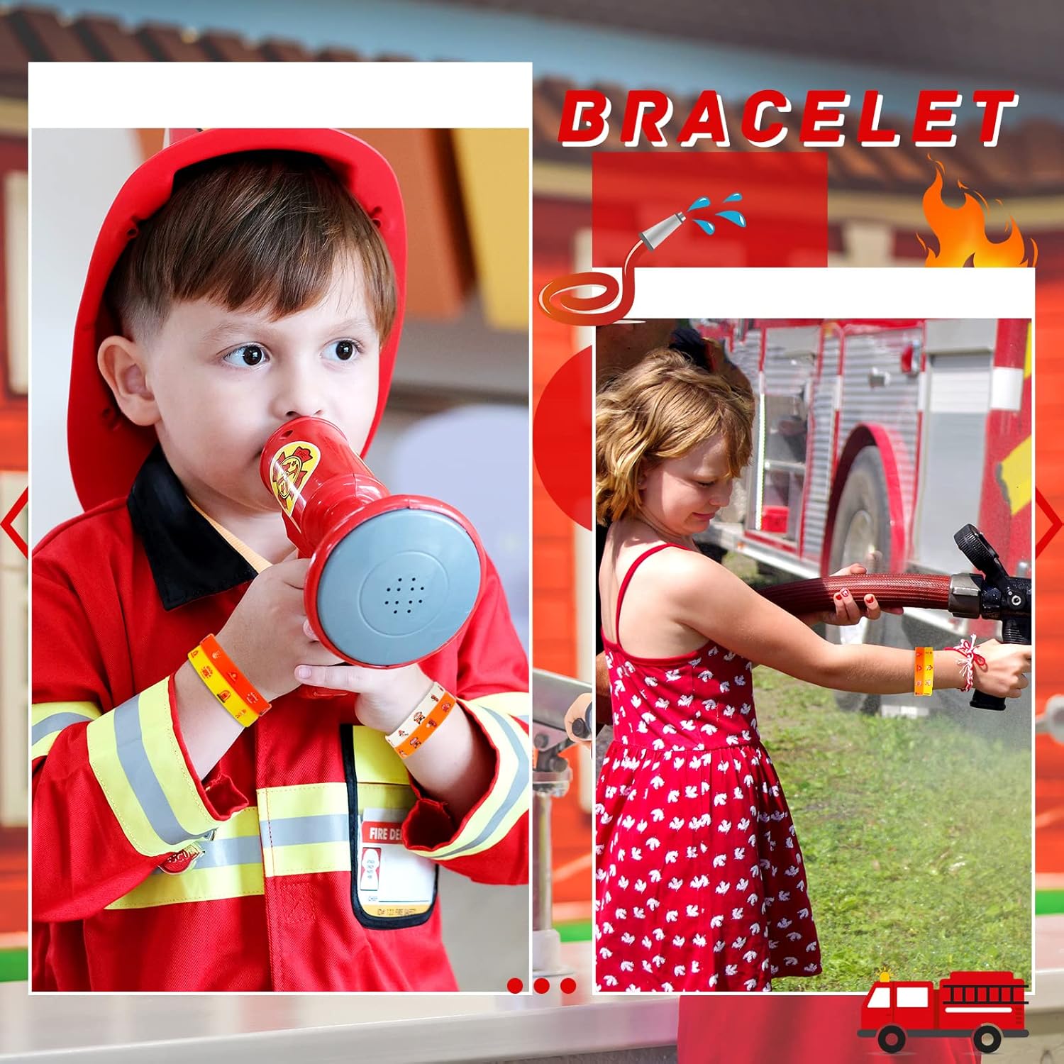 Pulseras de goma para camión de bomberos, pulseras de silicona para fiesta de bomberos, suministros de fiesta de cumpleaños, decoraciones de