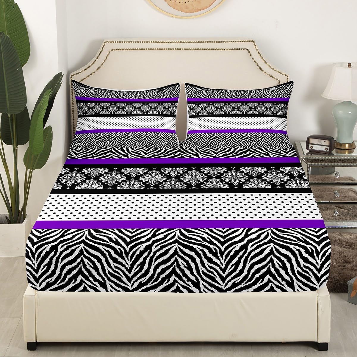 Juego de sábanas con estampado abstracto de cebra, tamaño King, para niños, adolescentes, diseño de retazos de flores, rayas, negro, blanco, morado,