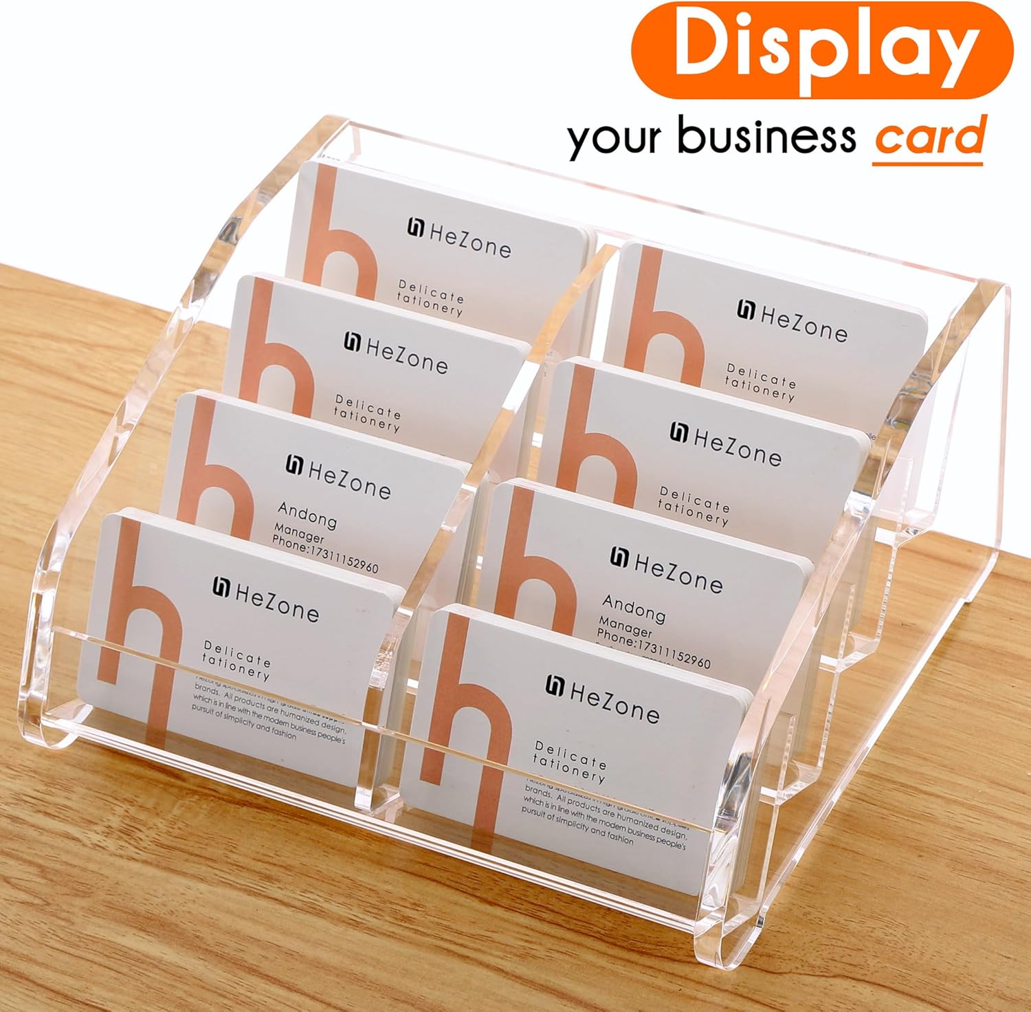 HeZone Soporte para tarjetas de visita para escritorio, soporte para tarjetas de acrílico transparente, múltiples 8 ranuras, 4 niveles, soporte para