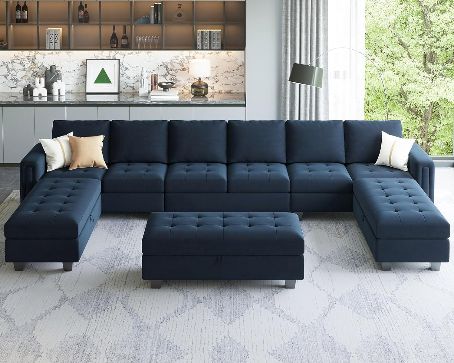 Belffin Juego de sofá modular en forma de U de gran tamaño con tumbona ancha reversible de terciopelo con almacenamiento de esquina otomana modular