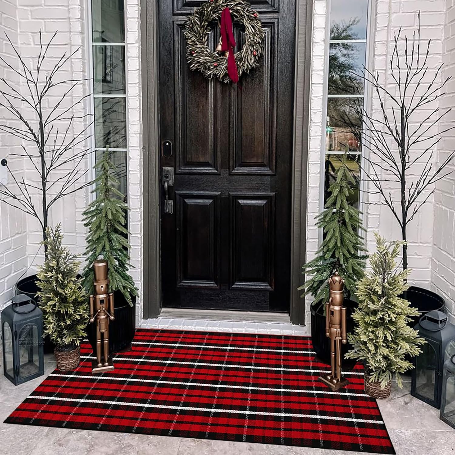 Alfombra de Navidad a cuadros para exteriores, 27.5 x 43 pulgadas, rojo y negro, alfombra de área para interiores y exteriores, alfombra de capas