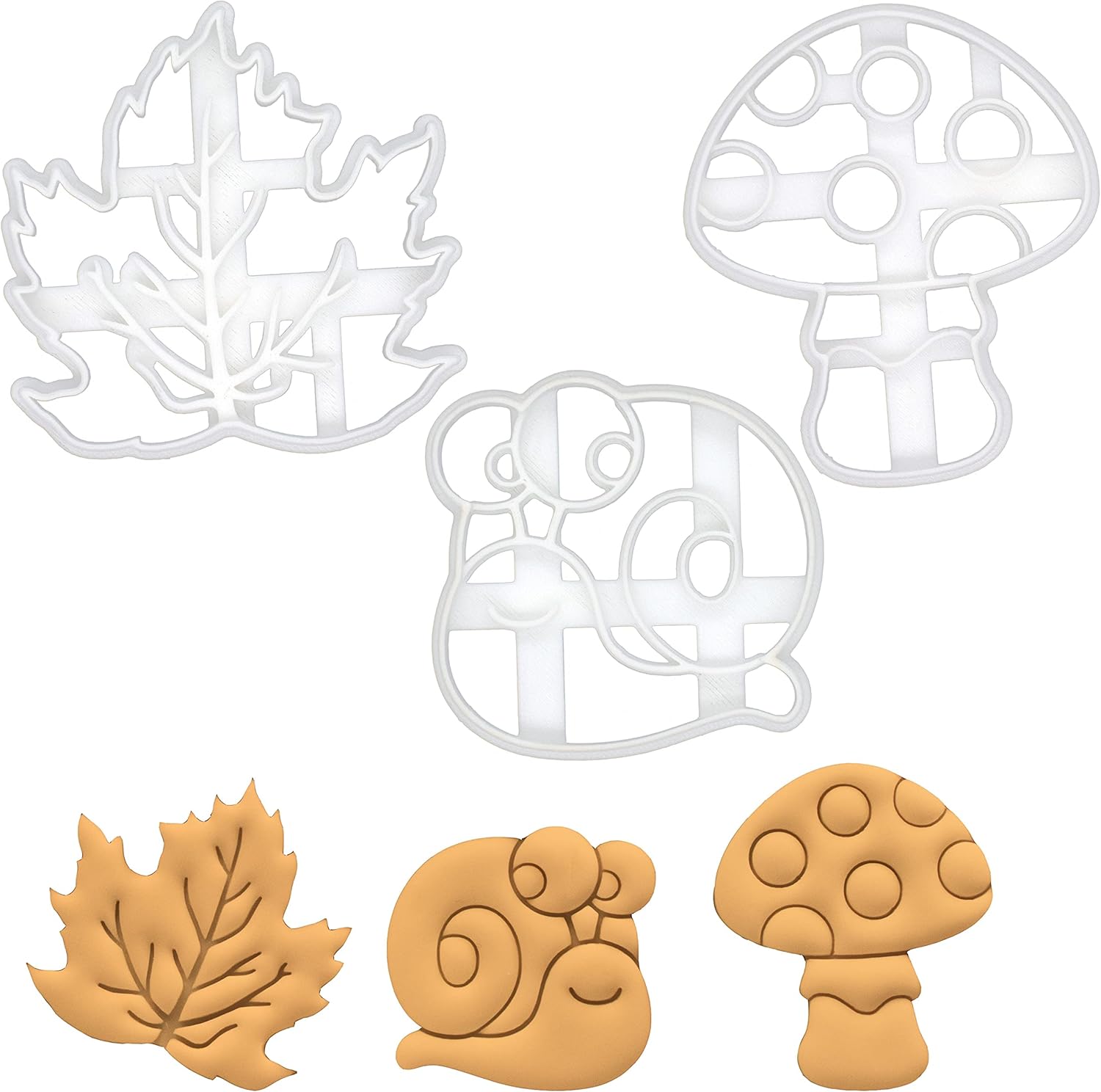 Juego de 3 cortadores de galletas con temática caprichosa (diseños seta, caracol, y hoja de arce), 3 piezas – Bakerlogy