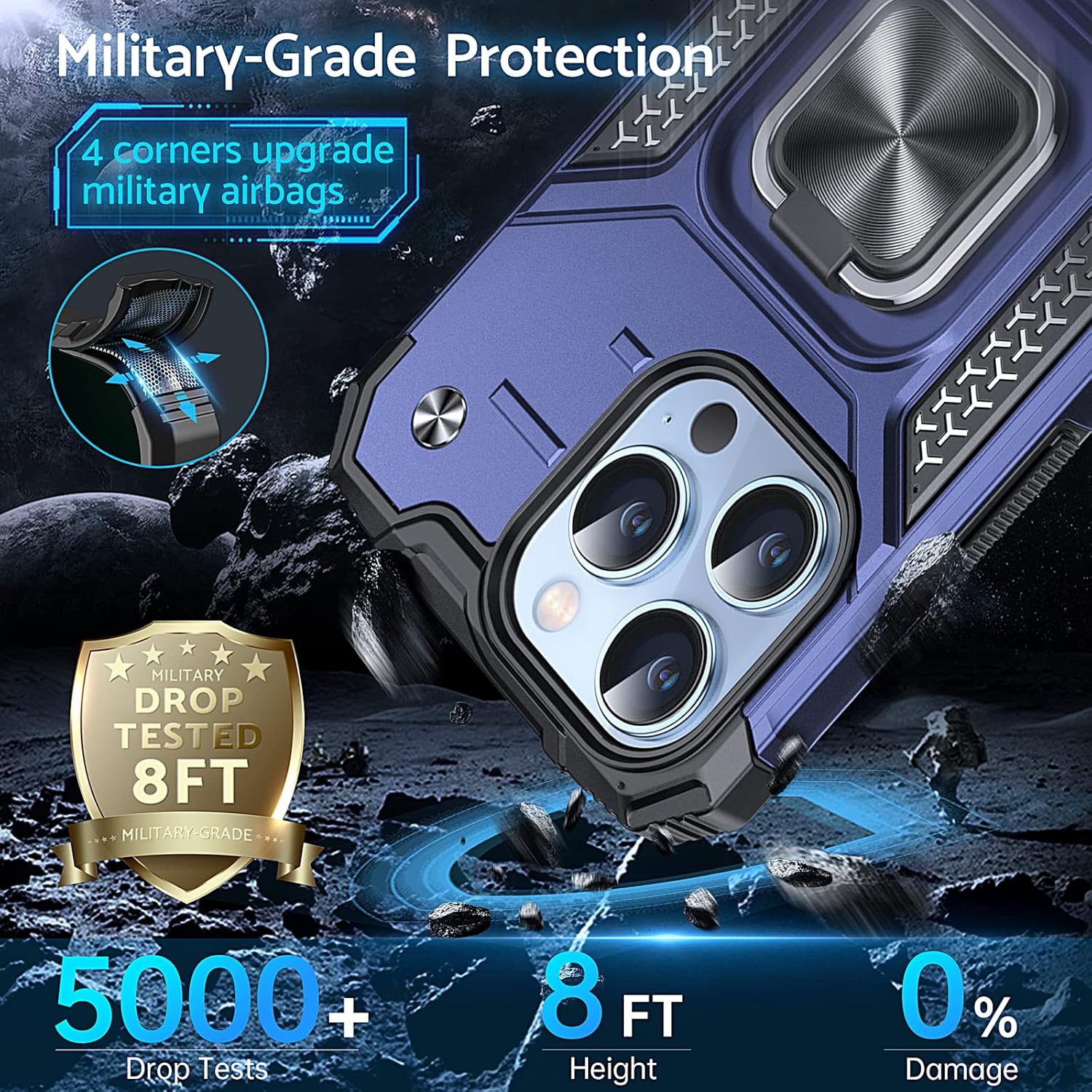 Anqrp Diseñada para iPhone 13 Pro, funda protectora de grado militar con anillo de metal mejorado soporte magnético compatible con iPhone 13 Pro