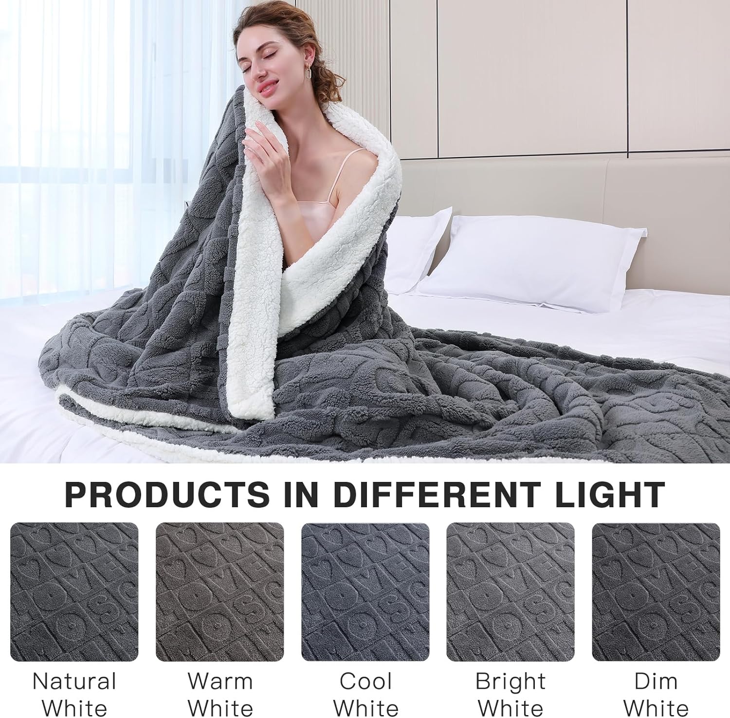 PanxHome Manta Sherpa de 520 GSM, cálida y gruesa para invierno, manta jacquard única con corazón del alfabeto para sofá, manta decorativa suave y