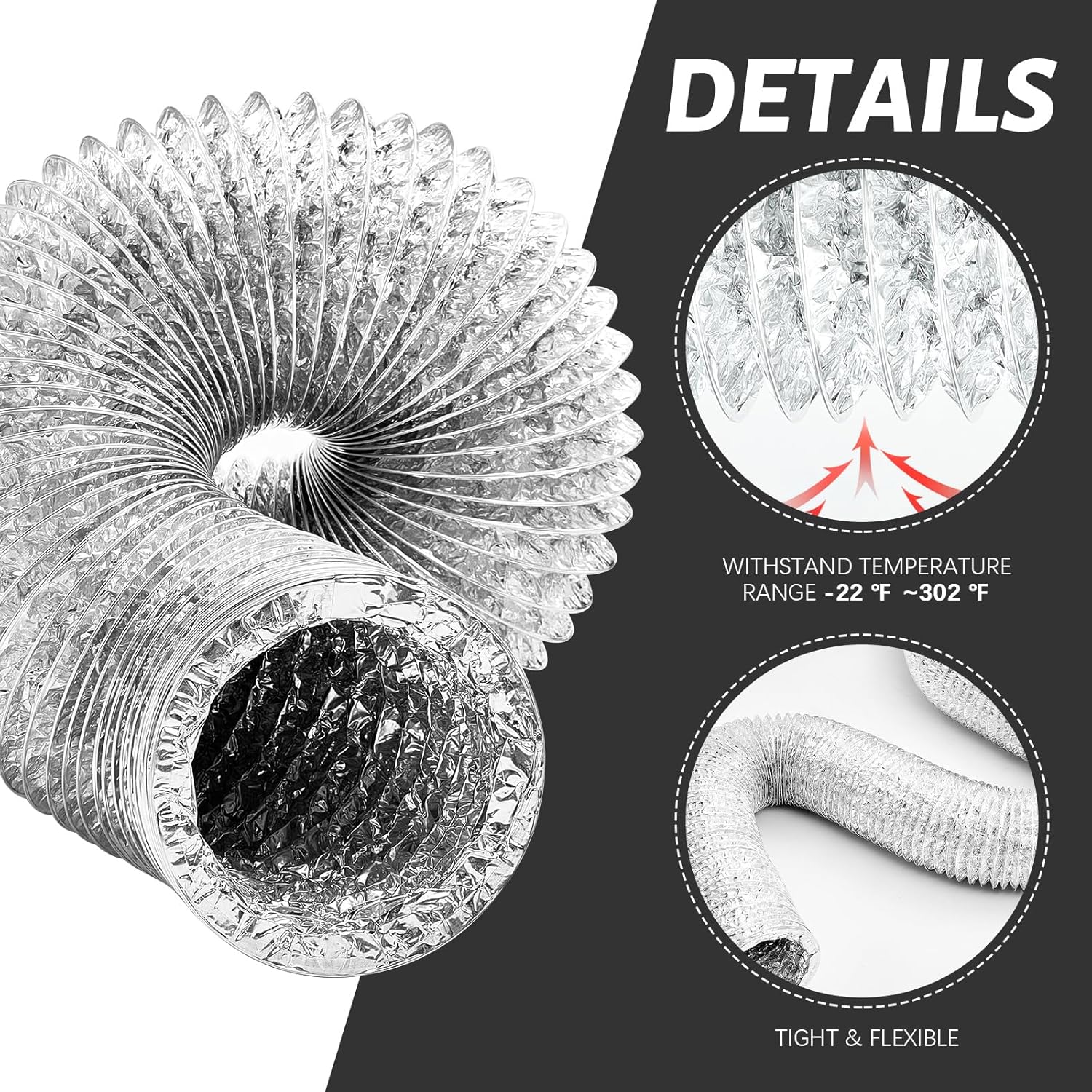 Zonon Manguera de ventilación para secadora de pies, conductos flexibles de papel de aluminio no aislados, con abrazaderas de acero inoxidable y