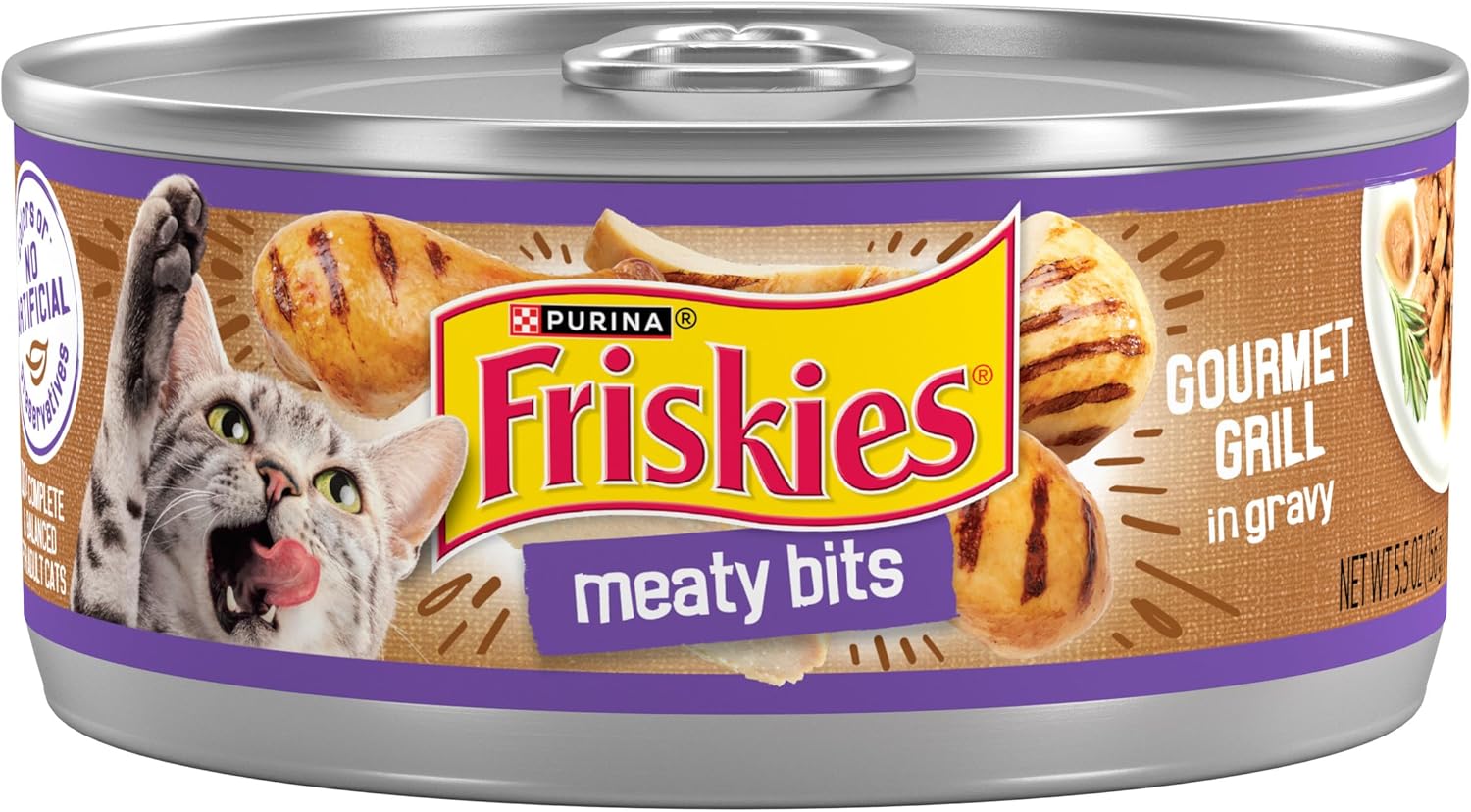 Purina Friskies – Meaty Bits Gourmet Grill – Alimento húmedo en salsa para gatos. Lata de 5.5 onzas