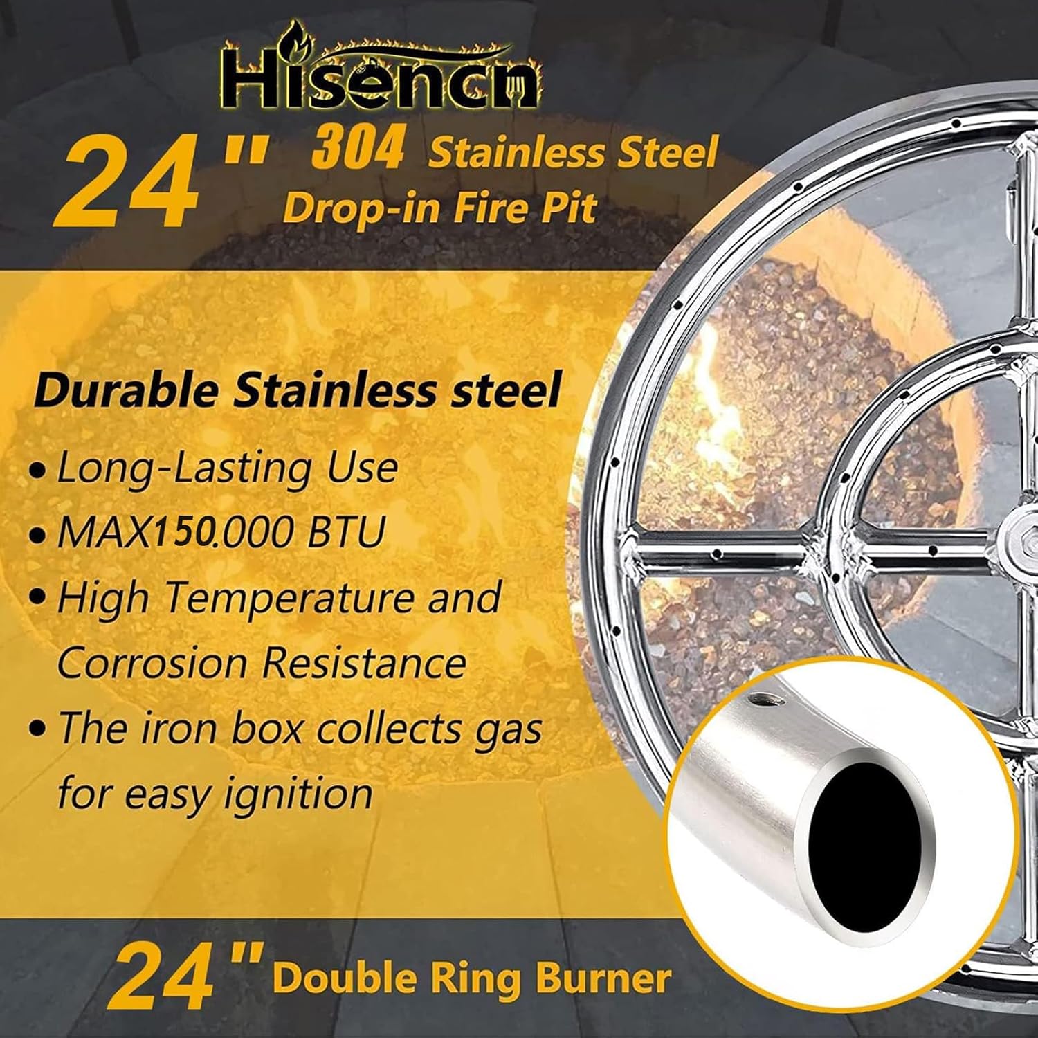 Hisencn Kit de anillos para quemador de fogata de 24 pulgadas, acero inoxidable 304, inserto redondo con encendido por chispa y manguera de propano