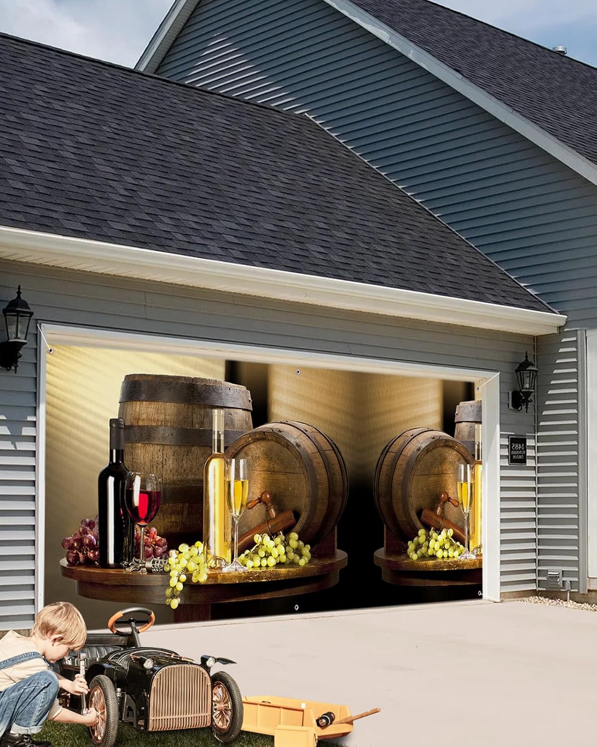 Red Wine Grape Wooden Barrel Garage Door Decorations, Abstract Art Garage Door Banner Cover with Grommets, Garage Door Mural Backdrop Decoration for