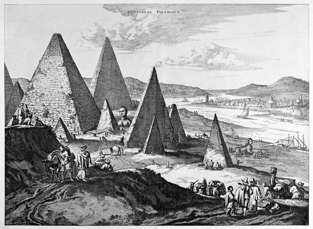 Pirámides de Egipto 1670 Vista fantasiosa de las pirámides y el río Nilo en Egipto grabado en línea del siglo XIX después de una ilustración de un