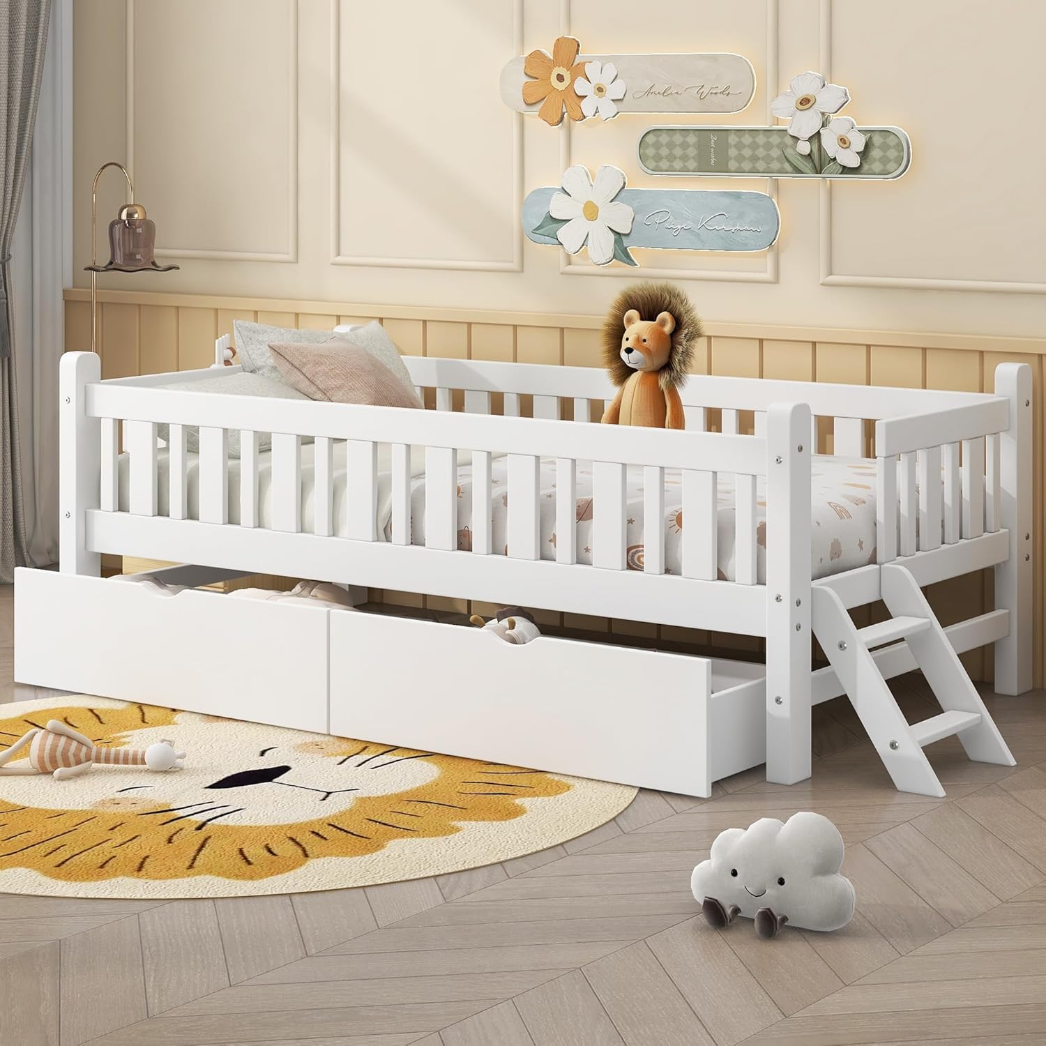 Base de cama de plataforma individual con 2 cajones de almacenamiento, marcos de cama individual de madera para niñas y niños pequeños, soporte de 8