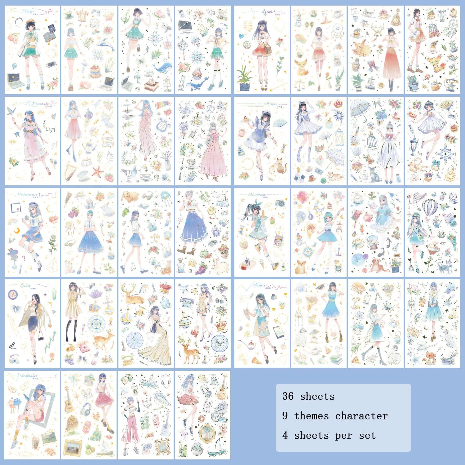 Calcomanías Kawaii de anime para álbumes de recortes, 36 hojas de Washi, lindos collages de recortes, calcomanías de personajes para manual