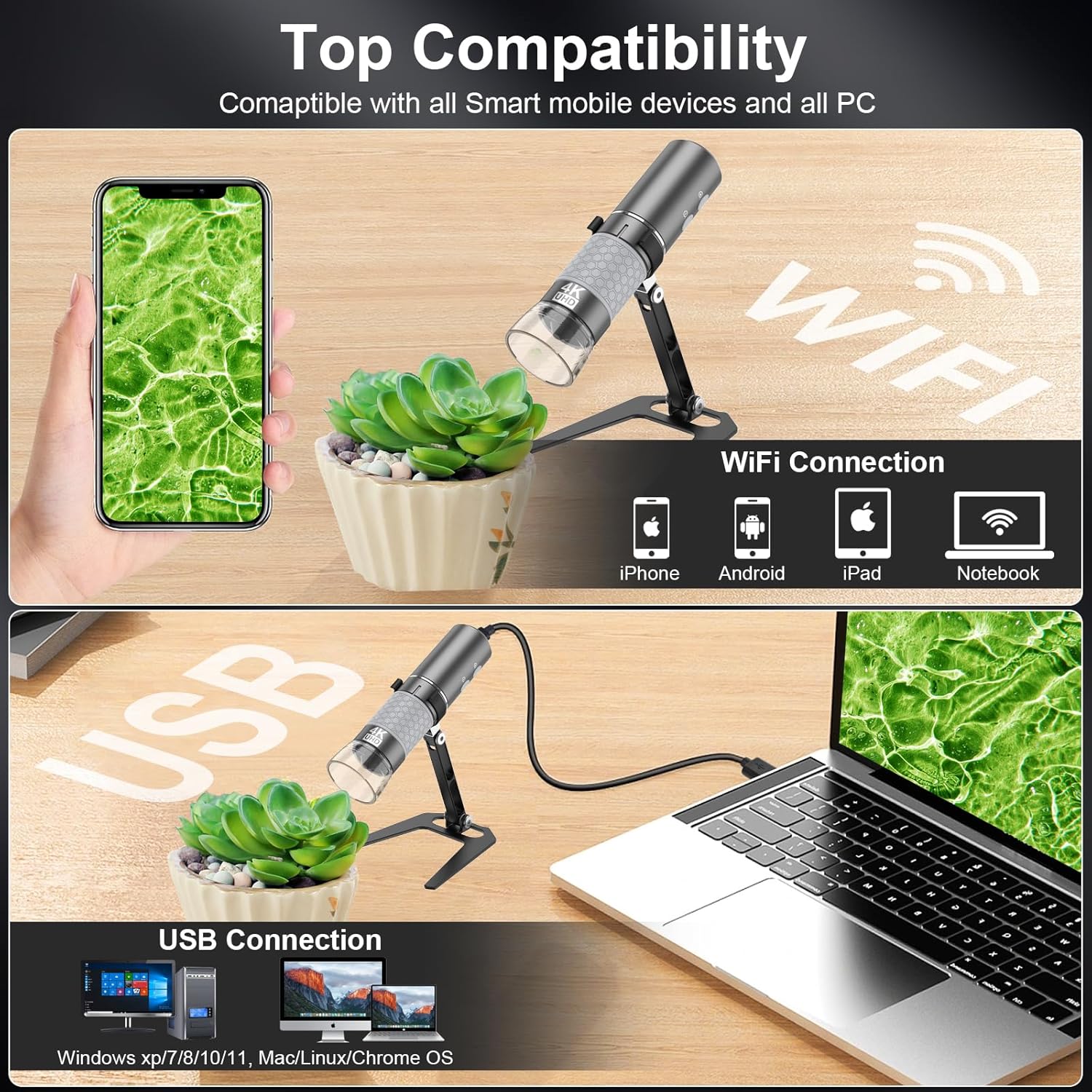 Bysameyee Microscopio digital inalámbrico 4K HD Microscopio Wi-Fi Cámara Lupa digital compatible con iPhone, teléfonos Android y PC (negro)