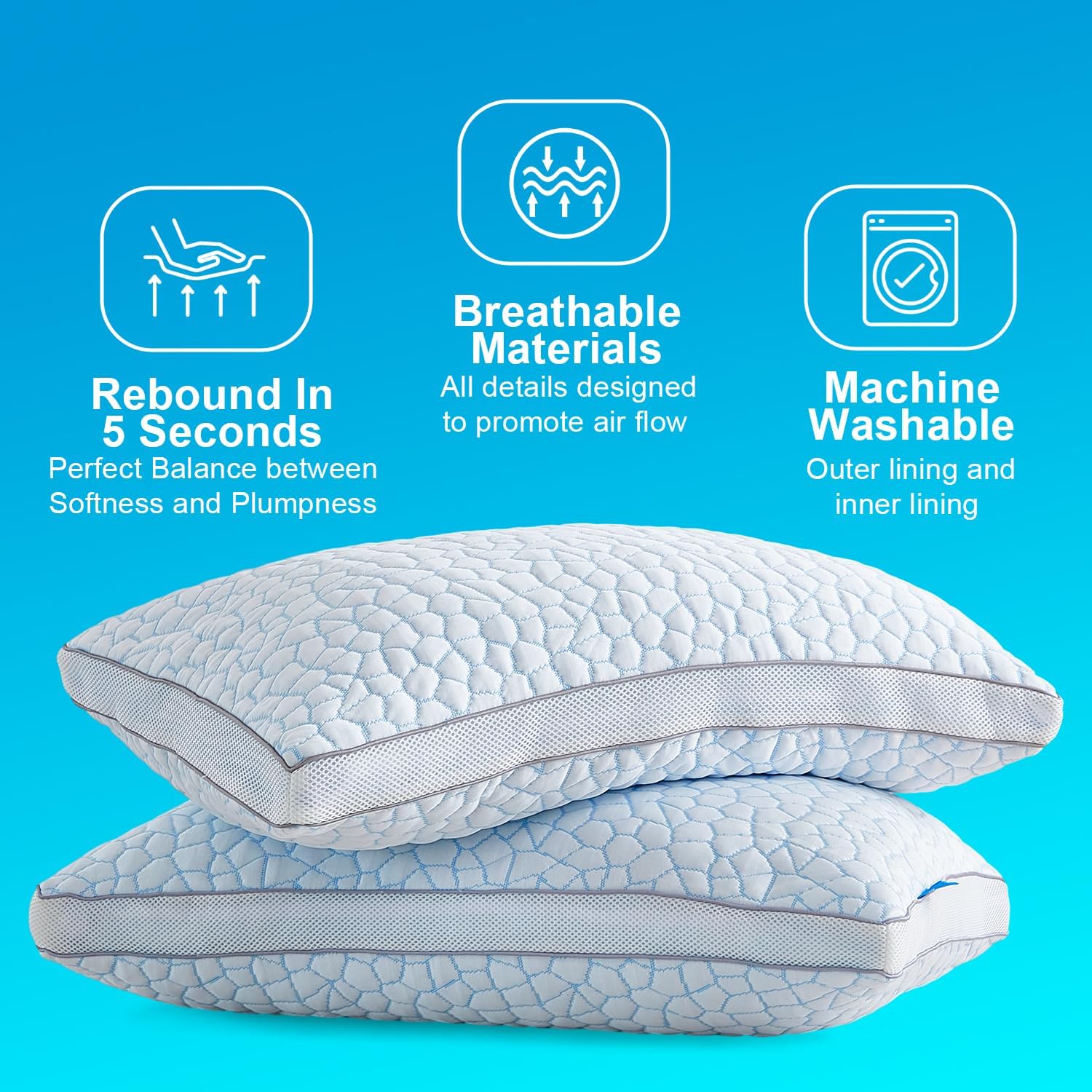QUTOOL Juego de 2 almohadas refrescantes de espuma viscoelástica de lujo, almohadas de cama de bambú tamaño Queen, almohadas de gel ajustables para